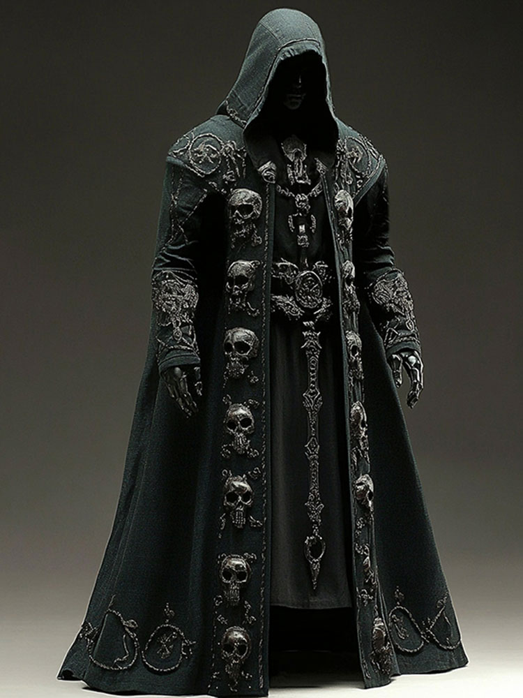 Men's Contrast-color Skull Studded Embroidered Hooded Cape