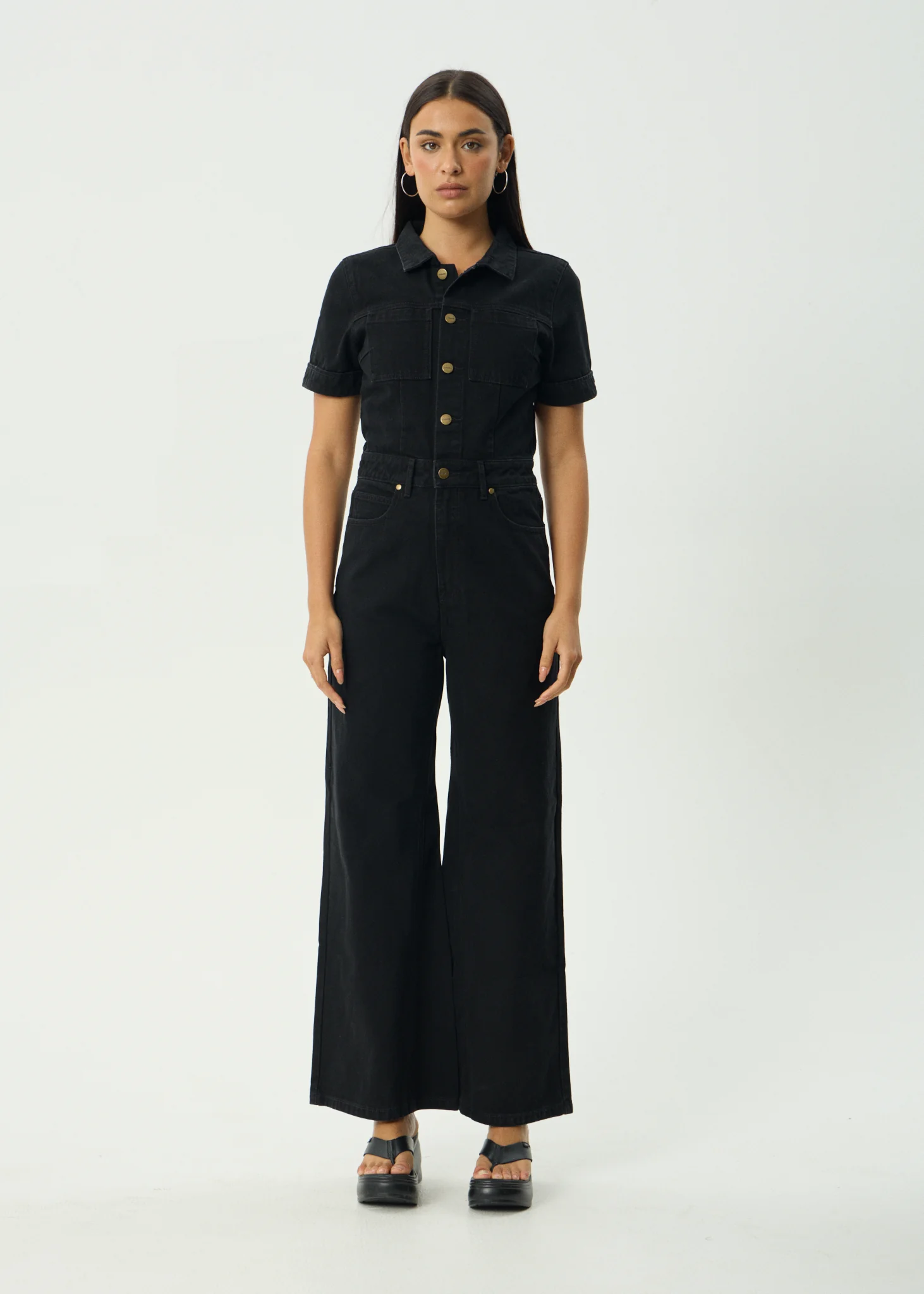 AFENDS Womens Miami - Denim Flared Jumpsuit - Washed Black