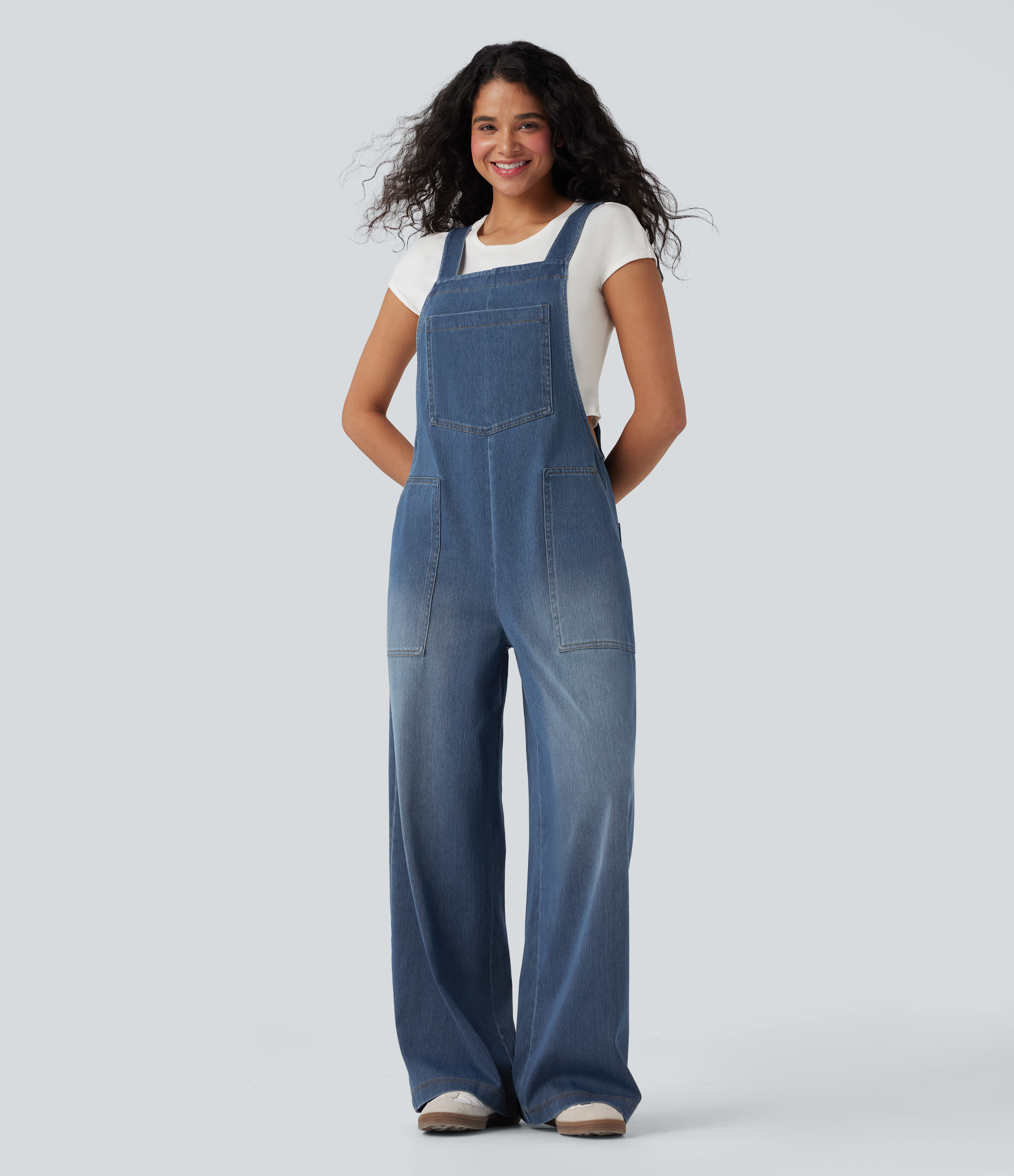 Halara Flex™ Square Neck Washed Denim Casual Overalls with Pockets