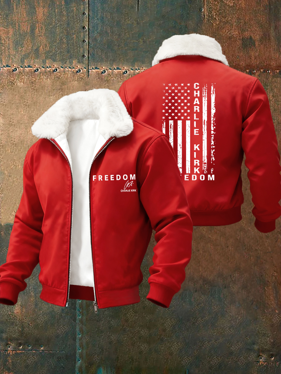 Men's Freedom 1776-2026Flag Printed Fur Collar Zip-Up Jacket