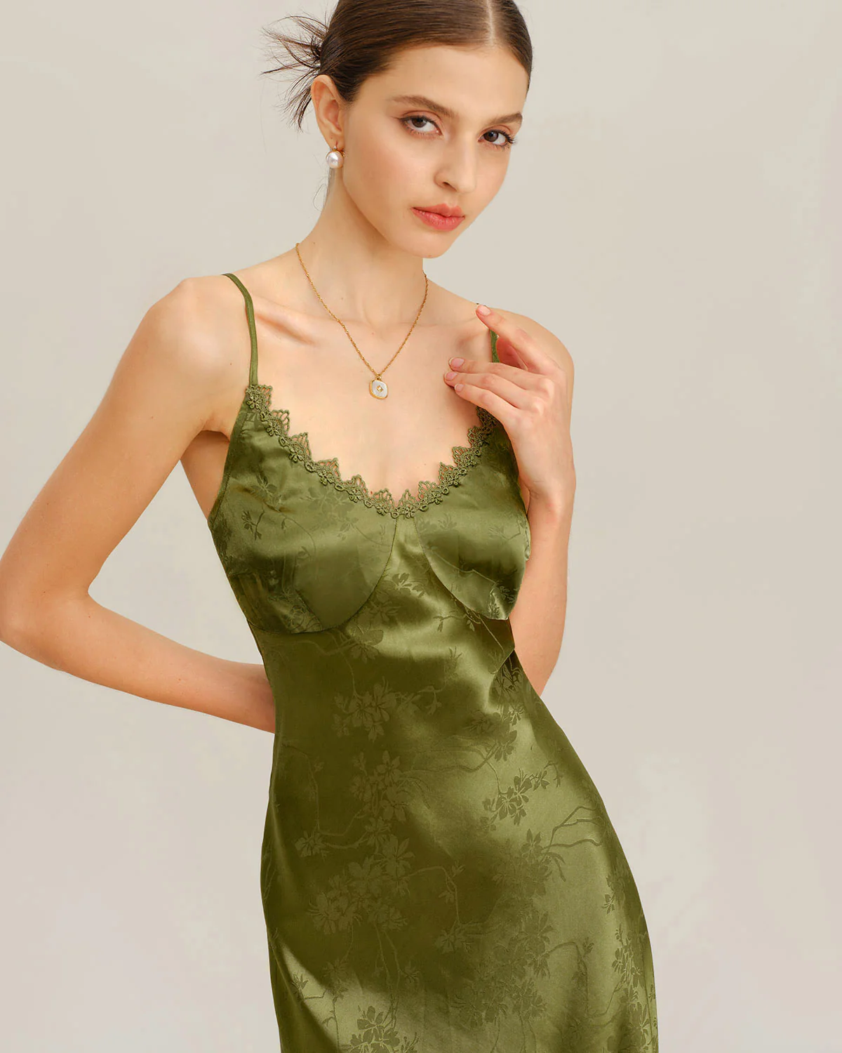 Green Jacquard Corset Slip Maxi Dress