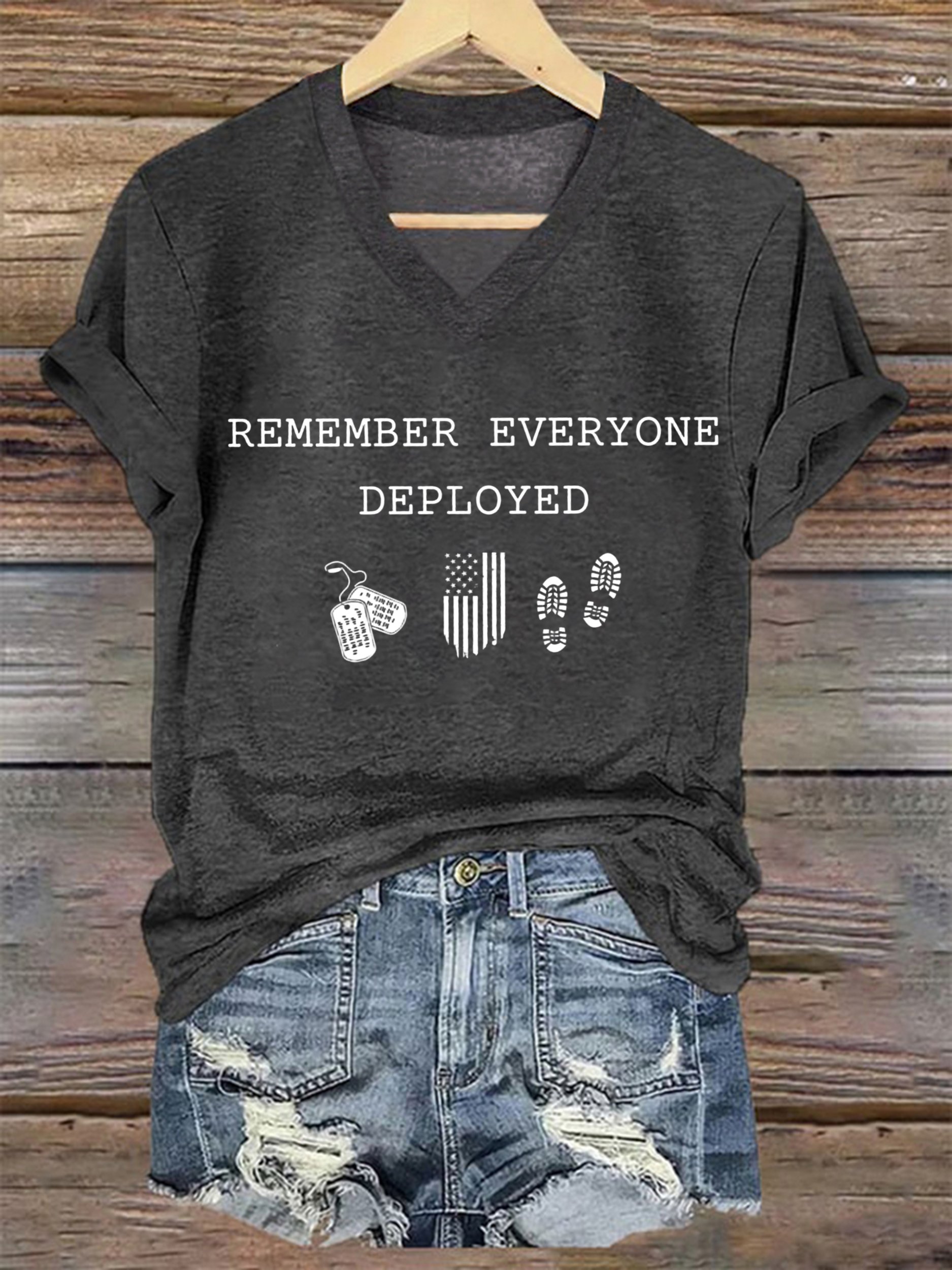 Women's On Fridays We Wear RED Remember Everyone Deployed Print V Neck T-shirt