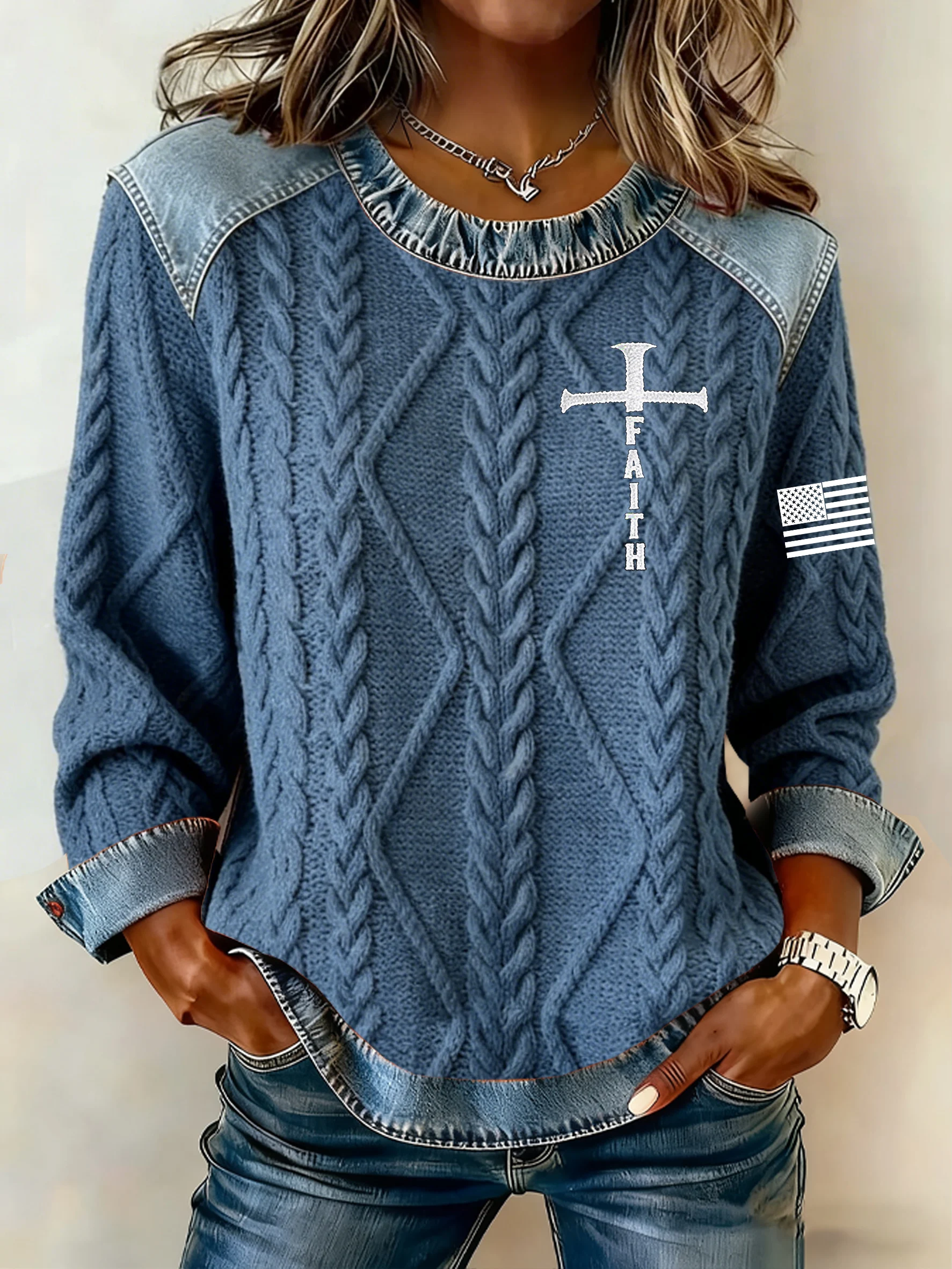 Women's Faith  Denim-Like Print Top-Fast Shipping