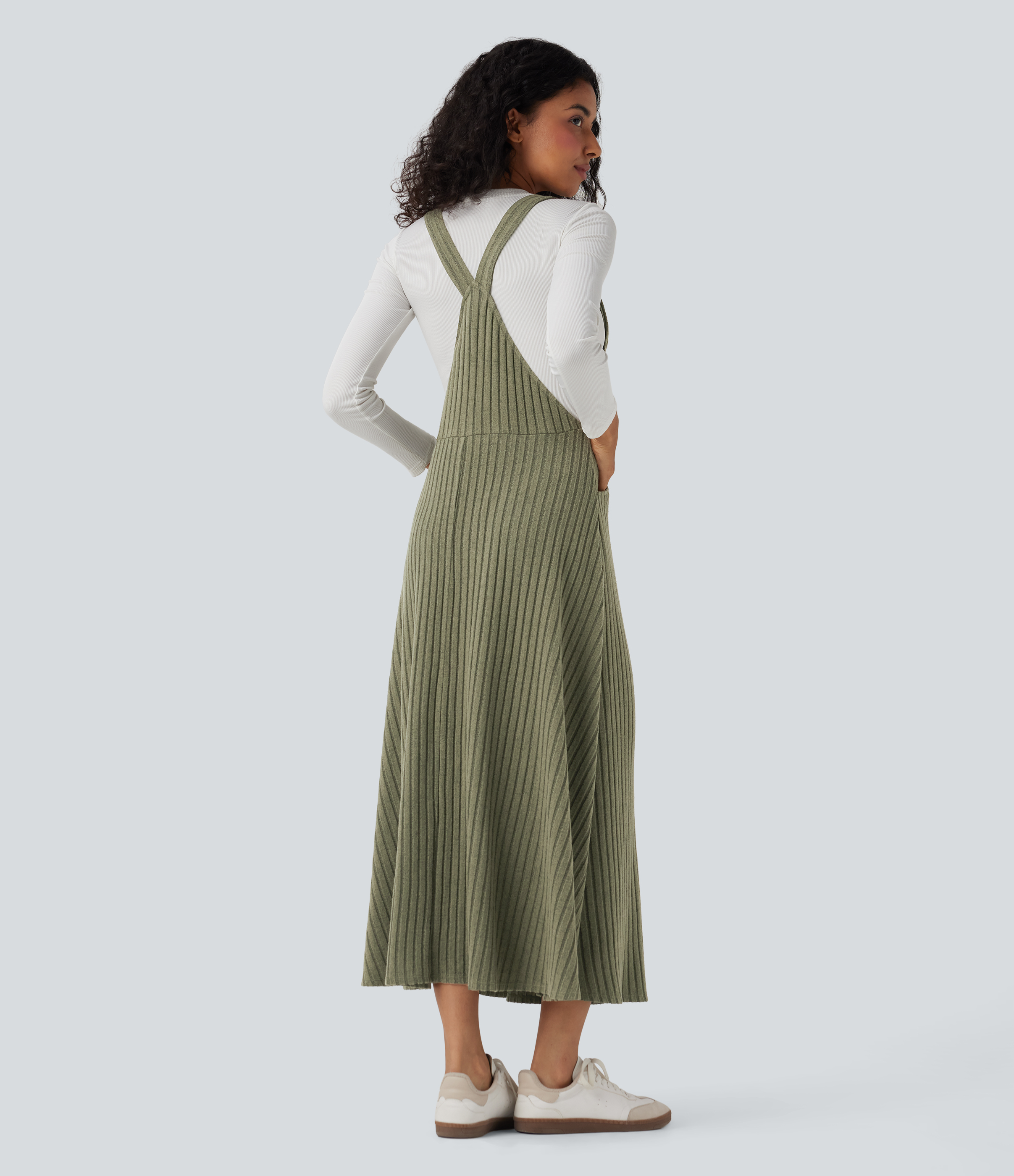 Ribbed Knit Casual Pinafore Dress with Pockets