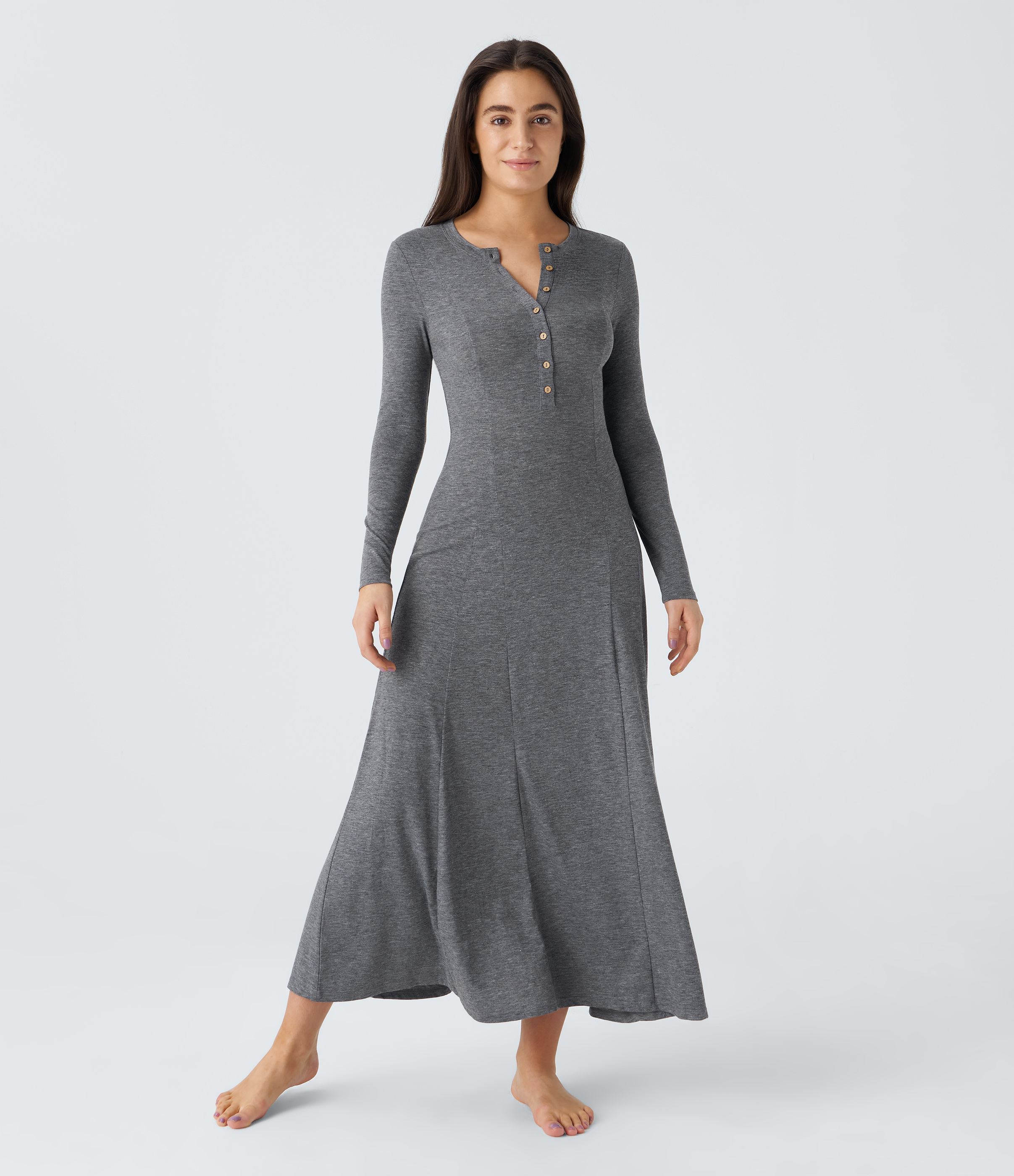 Henley Long Sleeve Flare Maxi Casual Dress