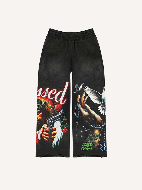 Jesus&Pistol&Floral&Pigeon&Palm&Letter&Graphic Print Elastic Waist Pants