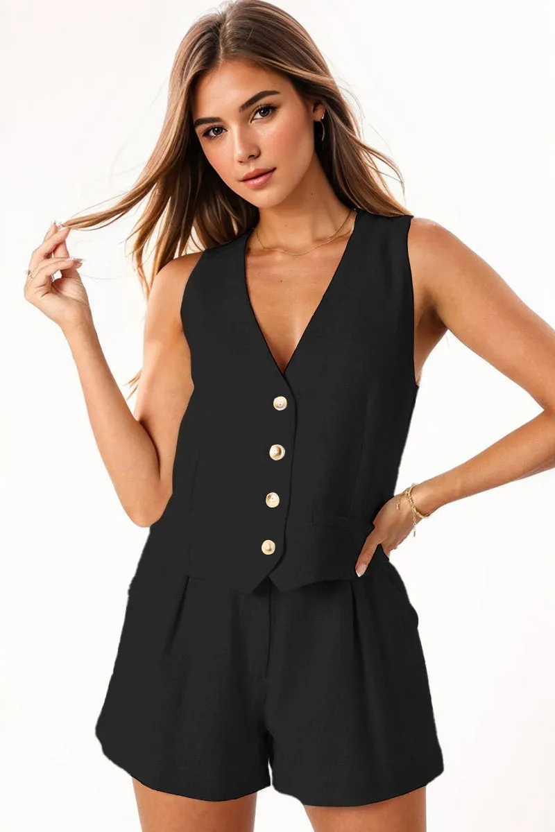 Casual V Neck Button Tank & Wide Leg Shorts Co-ord