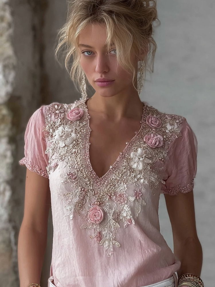 Vintage Pink Boho Roses Art Comfy Linen T Shirt