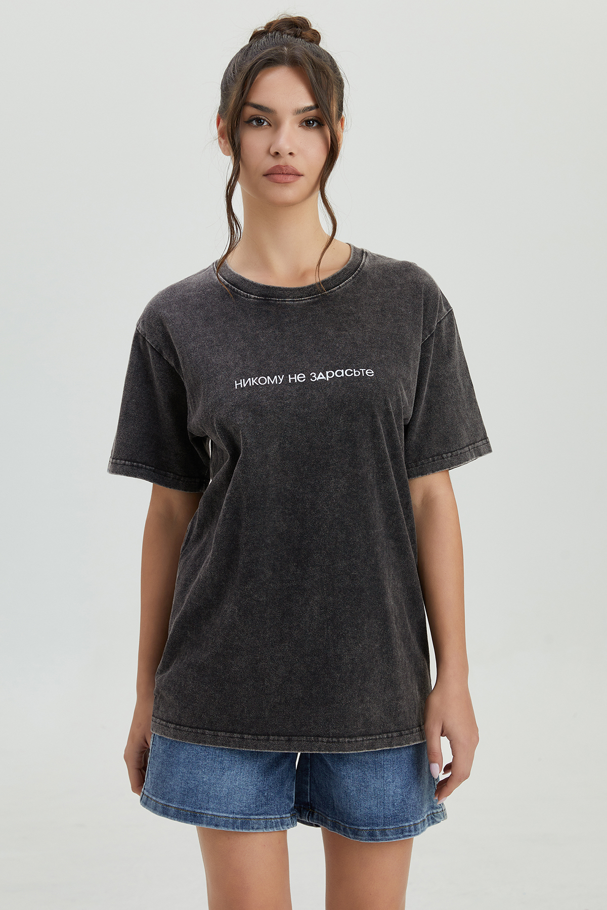 KatchMe Loose Vintage Wash Round Neck Letter Print Short Sleeve Top