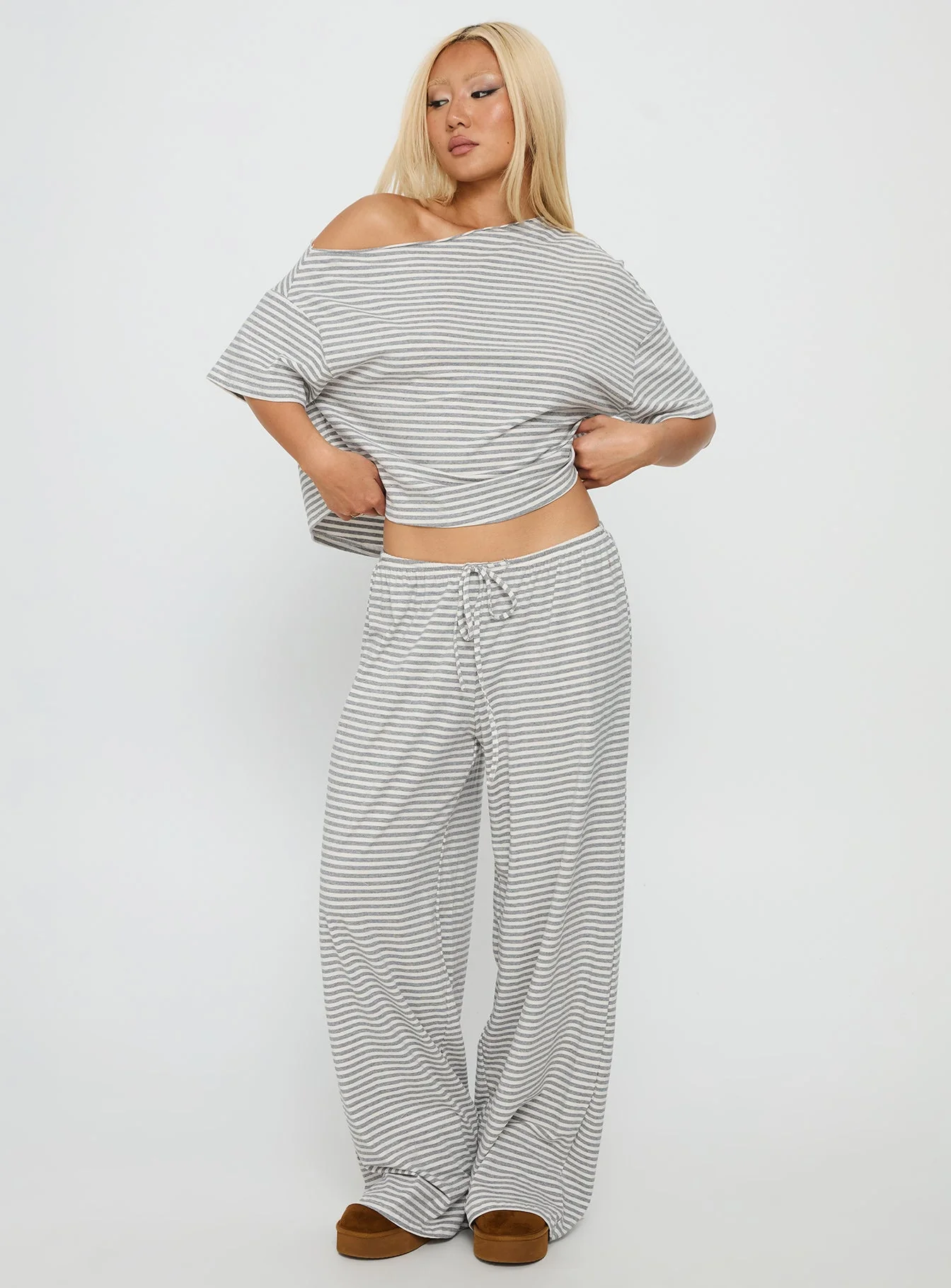 Tobie Off Shoulder Sleep Set Grey Stripe