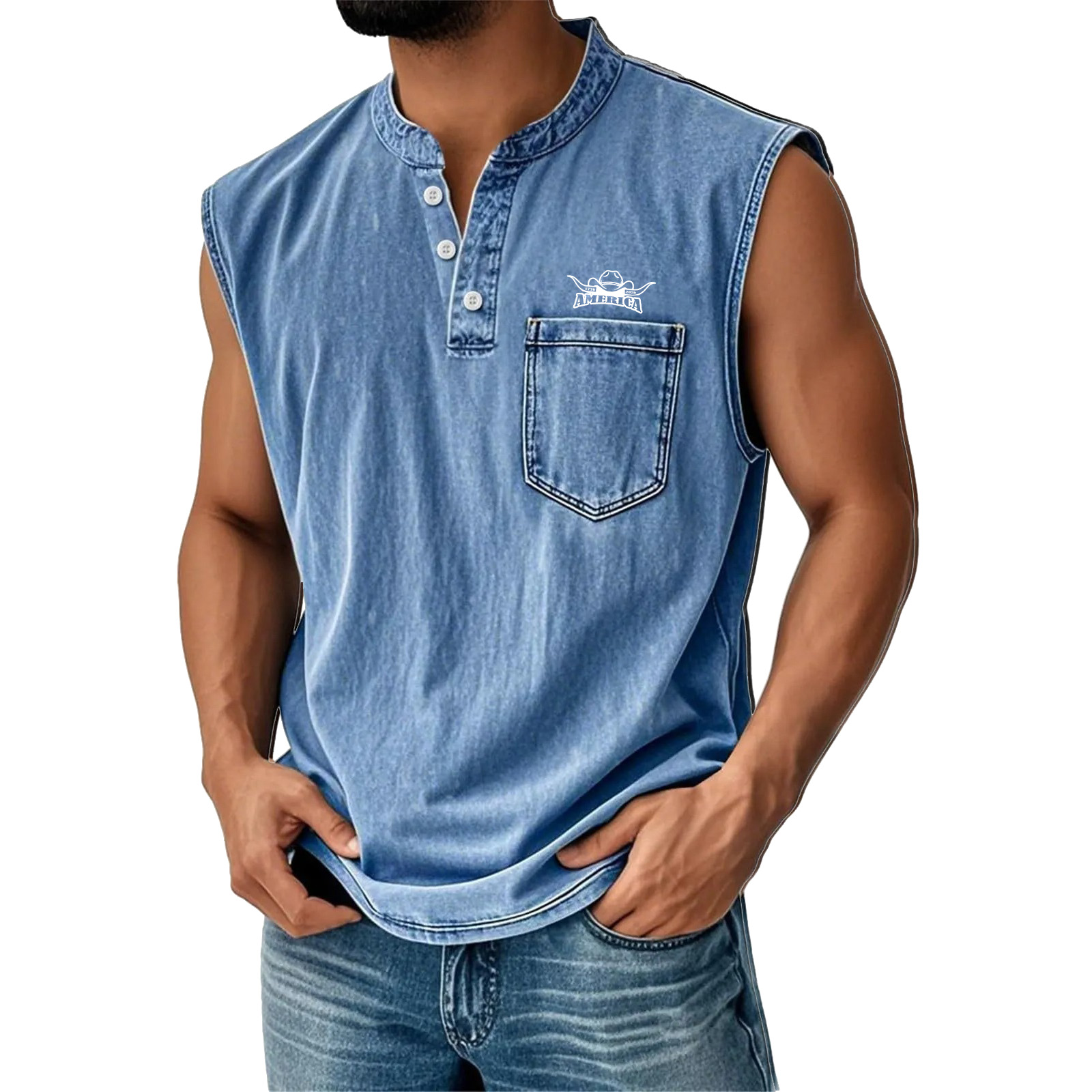 Work vest, Western vest, Casual sports outdoor vest, Henley collar button vest