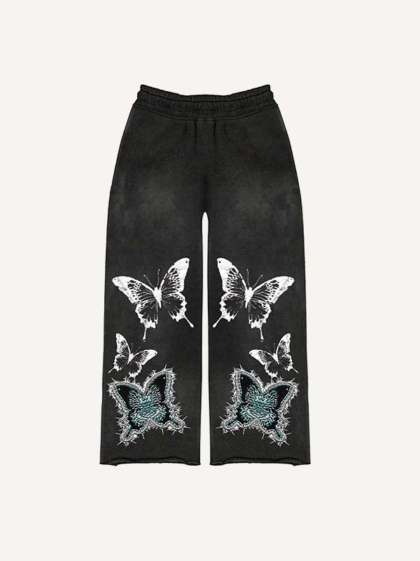 Butterfly&Skeleton&Wing Faux Decal Print Elastic Waist Pants