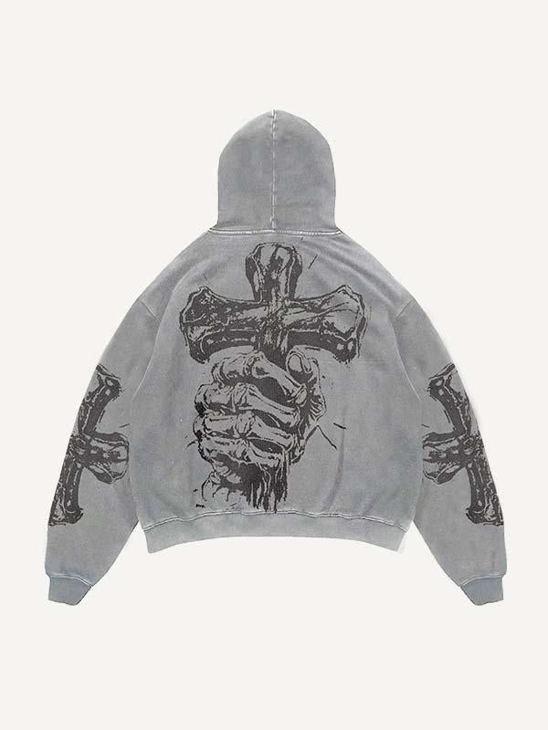 Skull Print Slant Pockets Hoodie