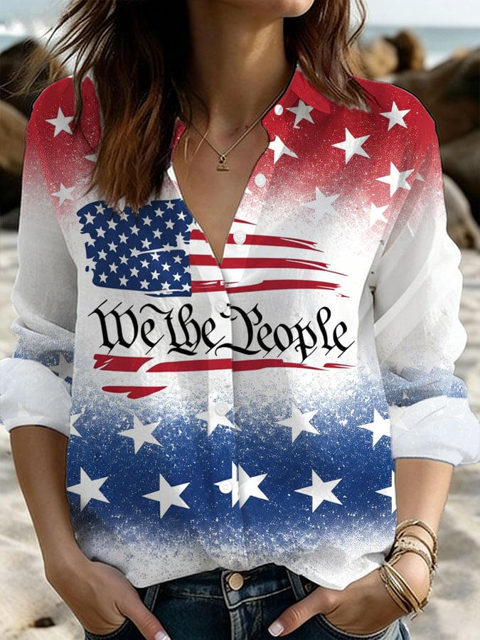 Women's Retro 250th Anniversary Print Casual Collared Shirt