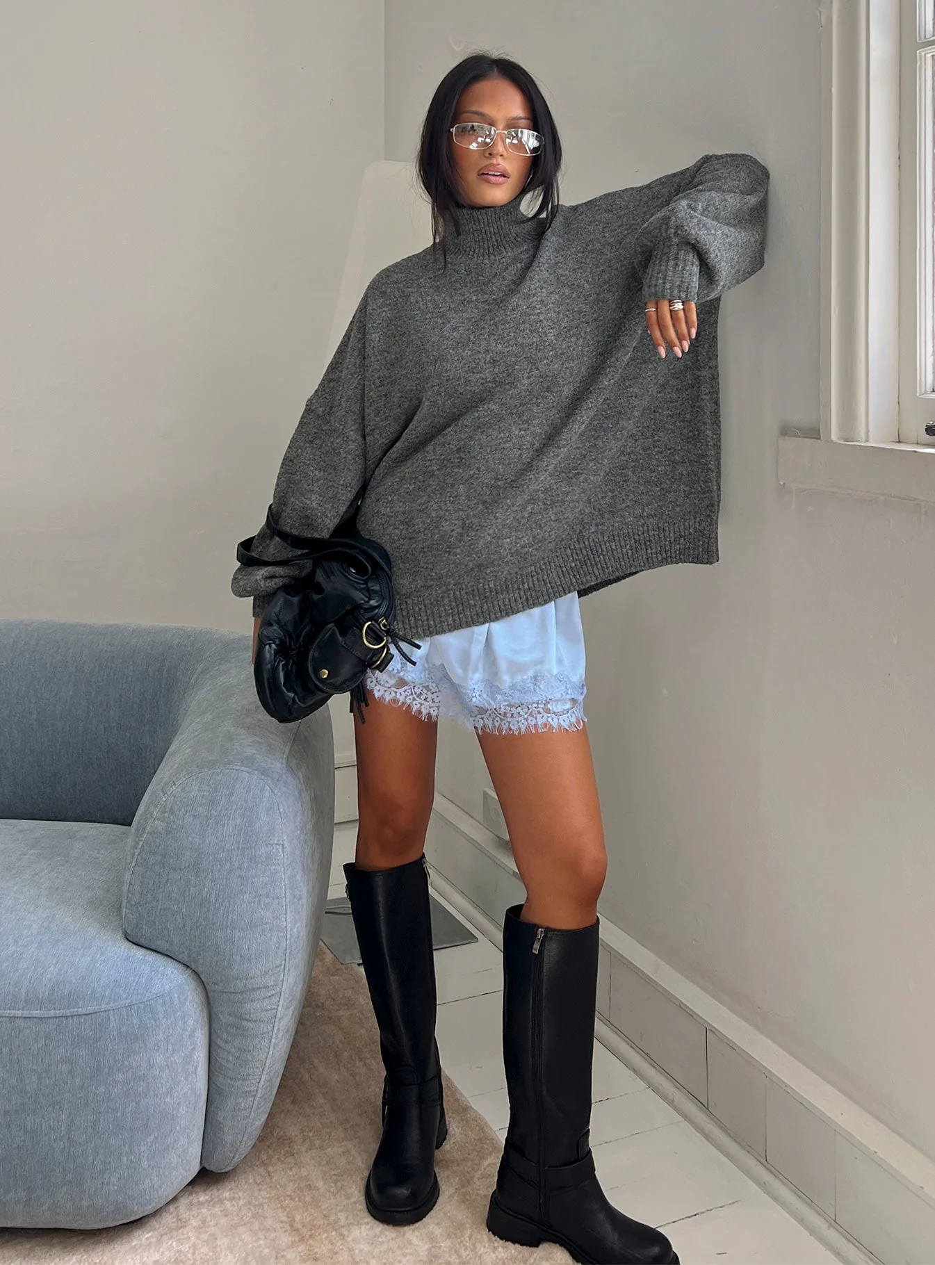 Patrizia Funnel Neck Knit Sweater Grey