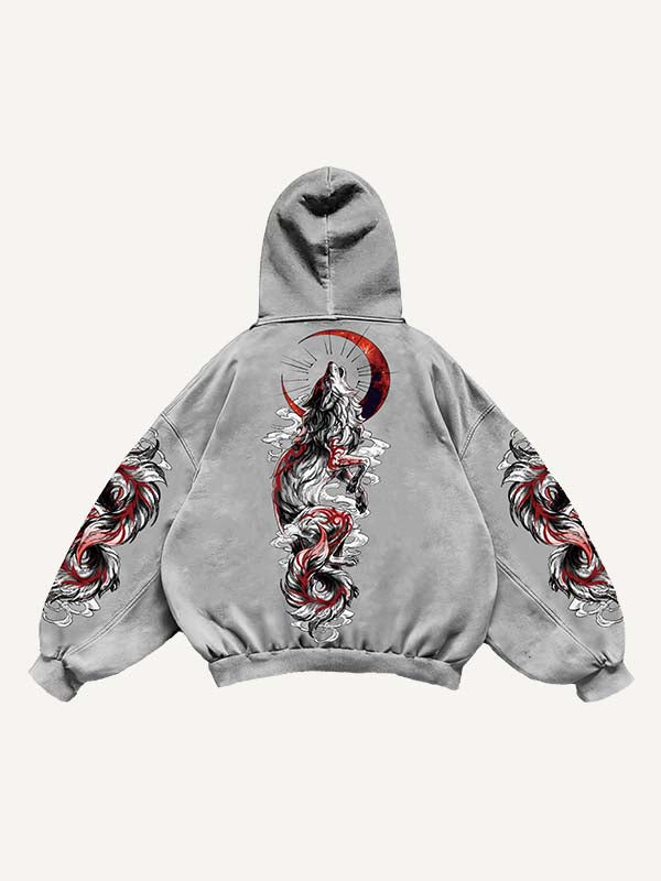 Wolf&Moon&Graphic Print Slant Pockets Hoodie