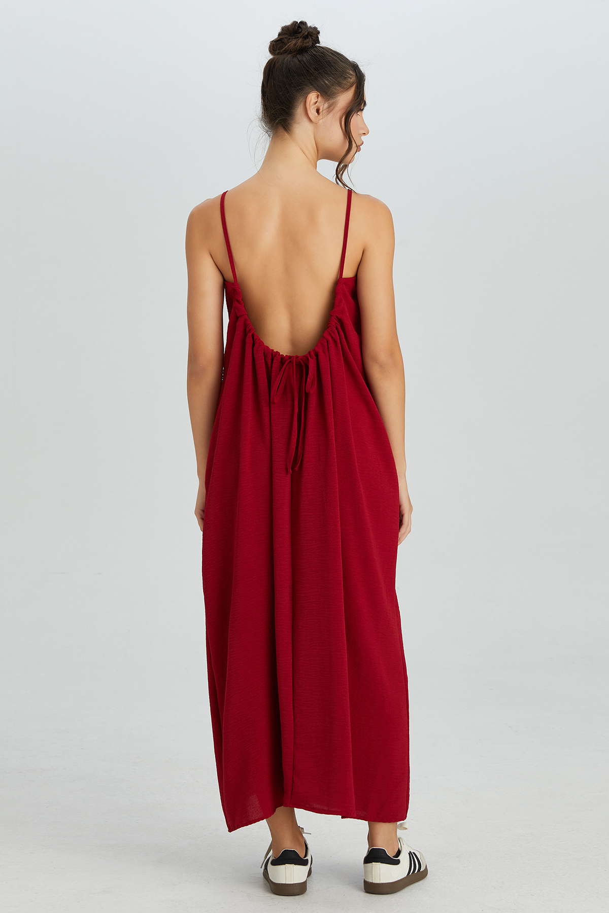 KatchMe Women's Breezy Solid Color Thin Strap Ruched Low Back Loose Maxi Dress, Elegant Adjustable Tie Backless Dress, Summer Sleeveless Women's Clothing for Beach