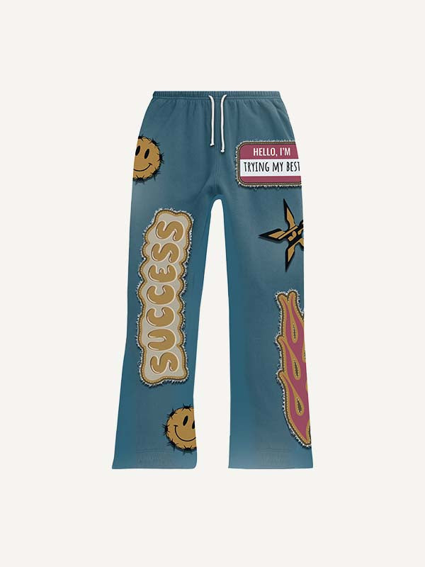 Smiley Face&Graphic&Letter Faux Decal Print Elastic Waist Pants