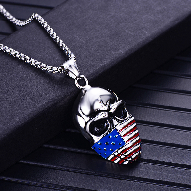 Men's American Flag Skull Pendant Necklace