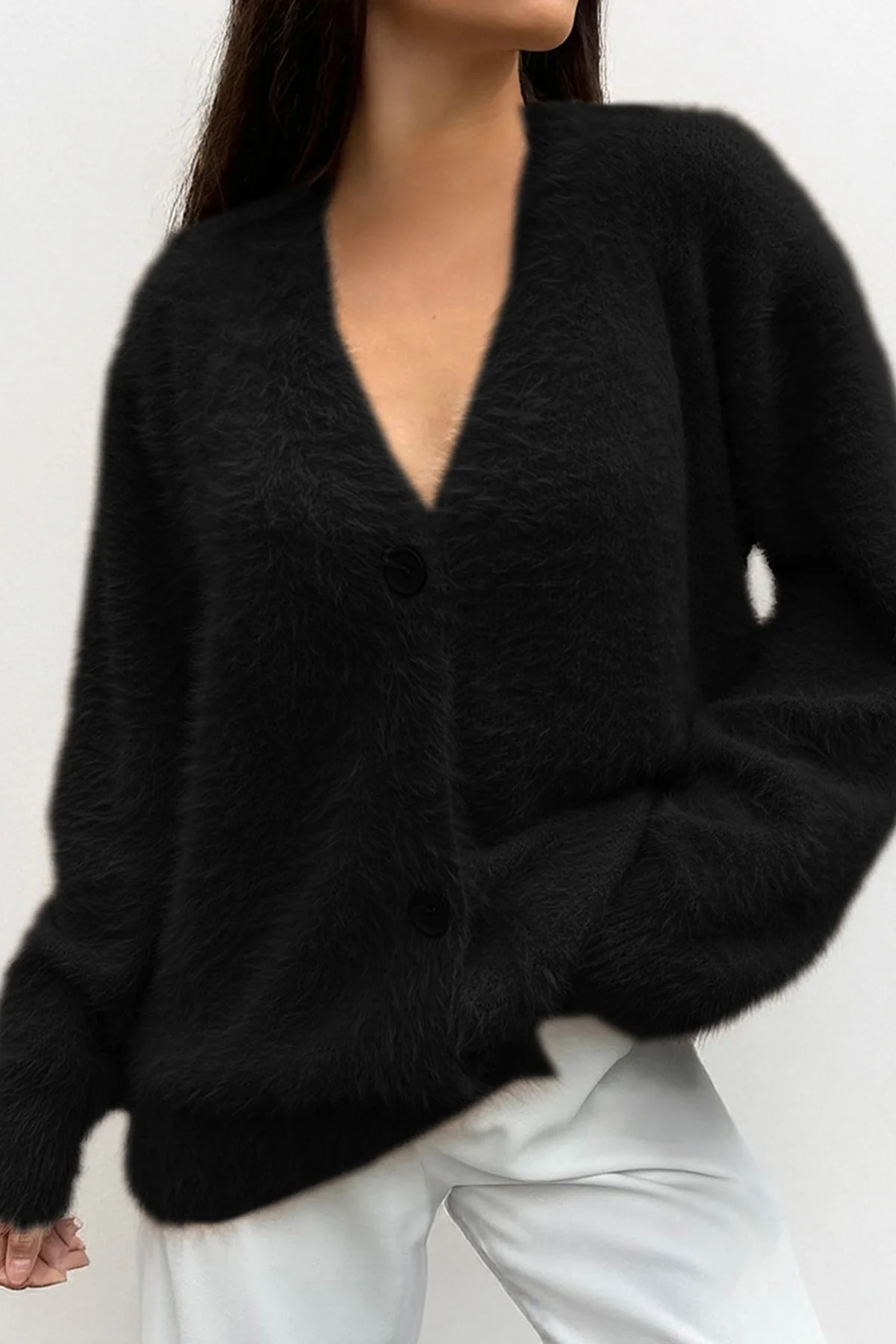 KatchMe Women's Elegant Solid Color V Neck Long Sleeve Faux Fur Button-Up Loose Cardigan, Slouchy Fall & Winter Cozy Outerwear for Women