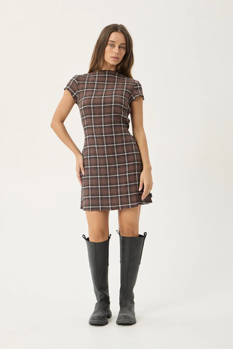 AFENDS Womens Elodie - Seersucker Mini Dress - Coffee Check