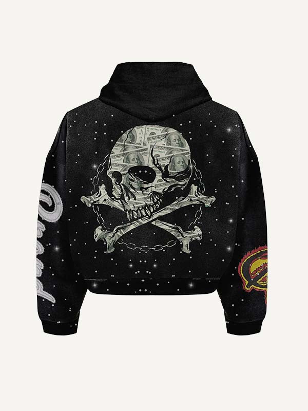 Figure&Skeleton&Graphic&Letter Faux Decal Print Zip Up Hooded Coat