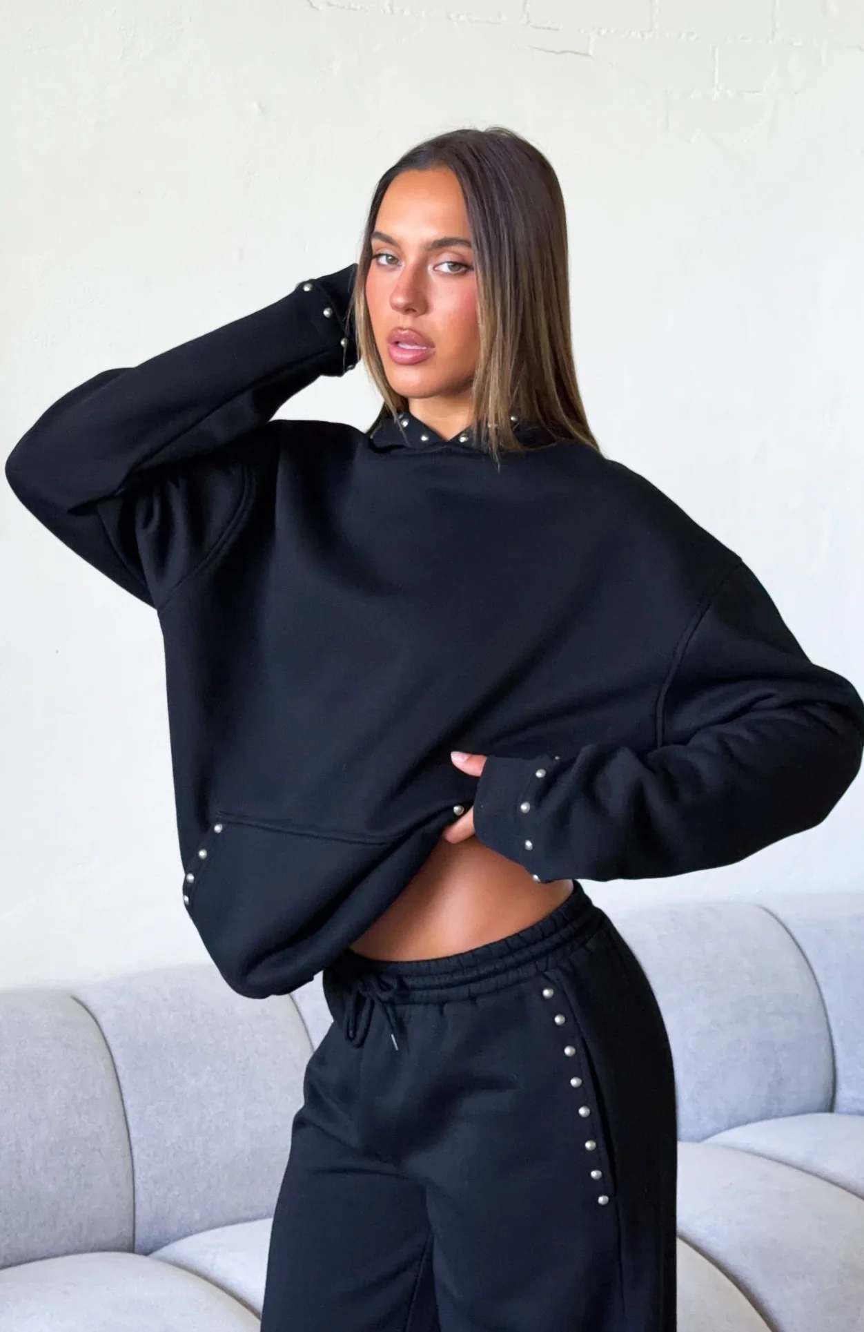 Glow Your Own Way Studded Oversized Hoodie Black