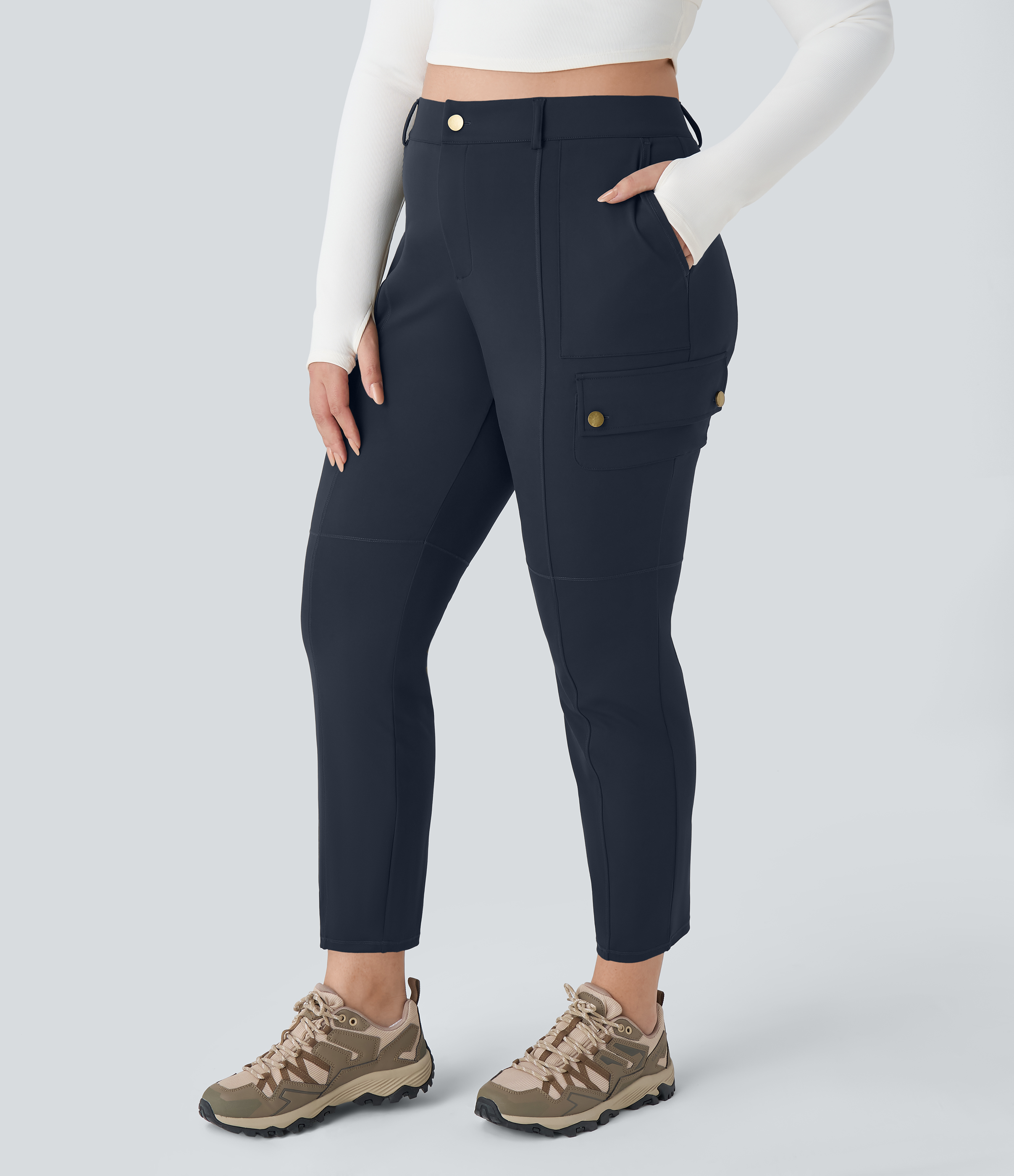 High Waisted Zipper Pockets Solid Slim Hiking Plus Size Cargo Pants