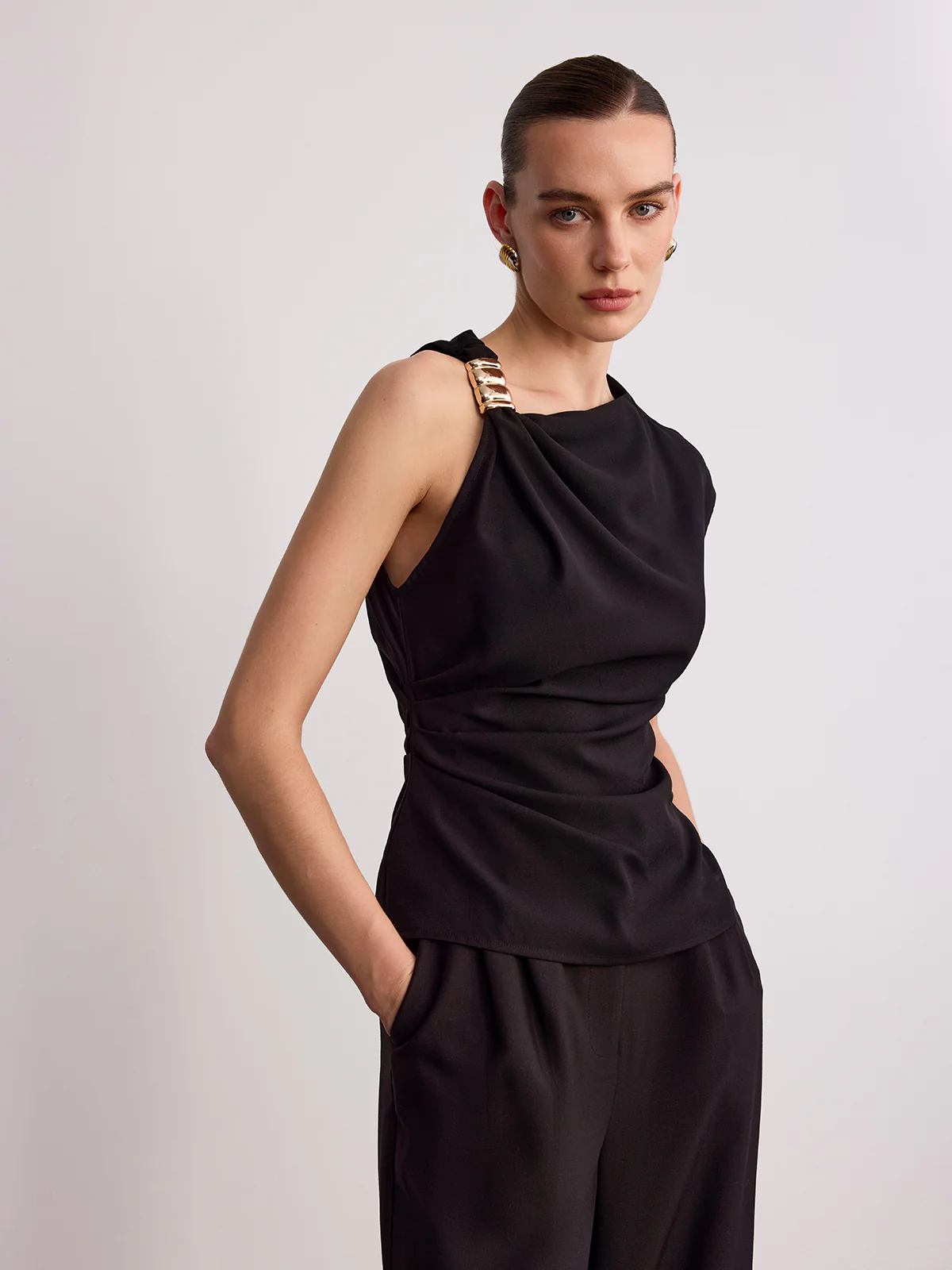 Metal Buckle Asymmetric Sleeveless Top