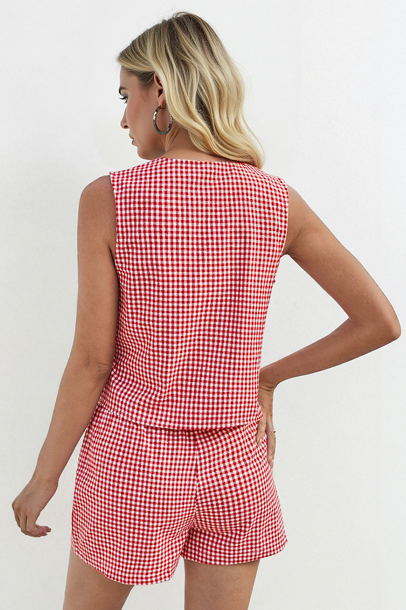 Minimalist Plaid Front Tie Loose Tank Top & Wide Leg Shorts Co-ord