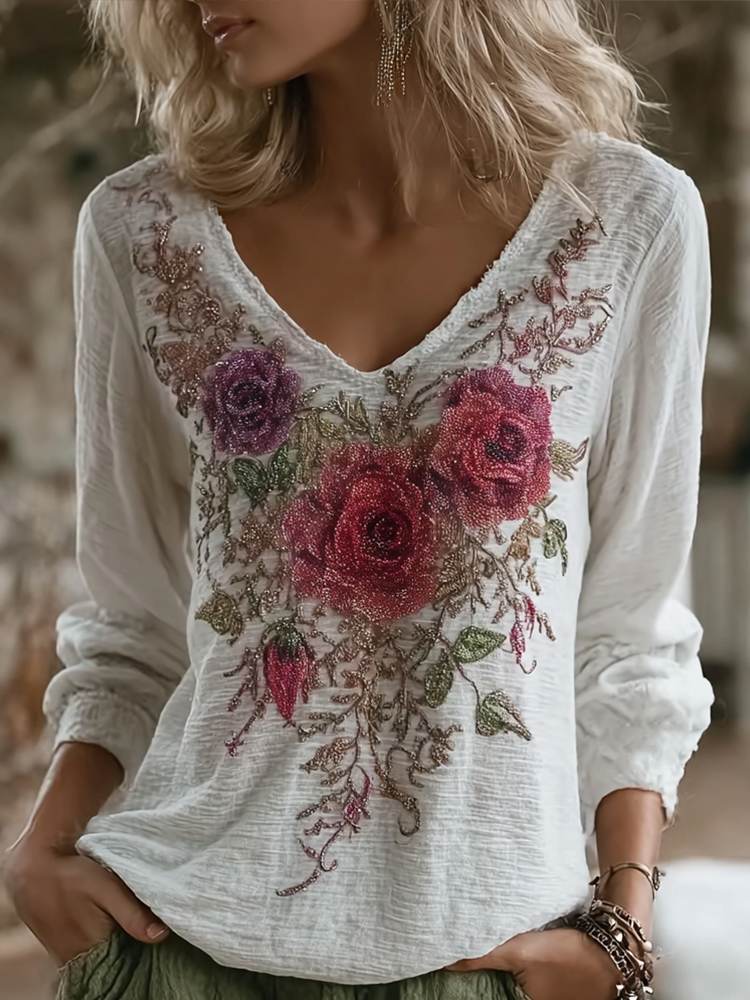 Bohemian Style Retro Red Rose Pattern Women's V-neck Long-sleeve Top