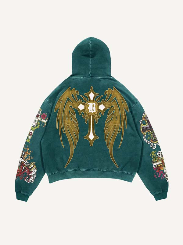 Cross&Wing&Graphic&Letter Print Slant Pockets Hoodie