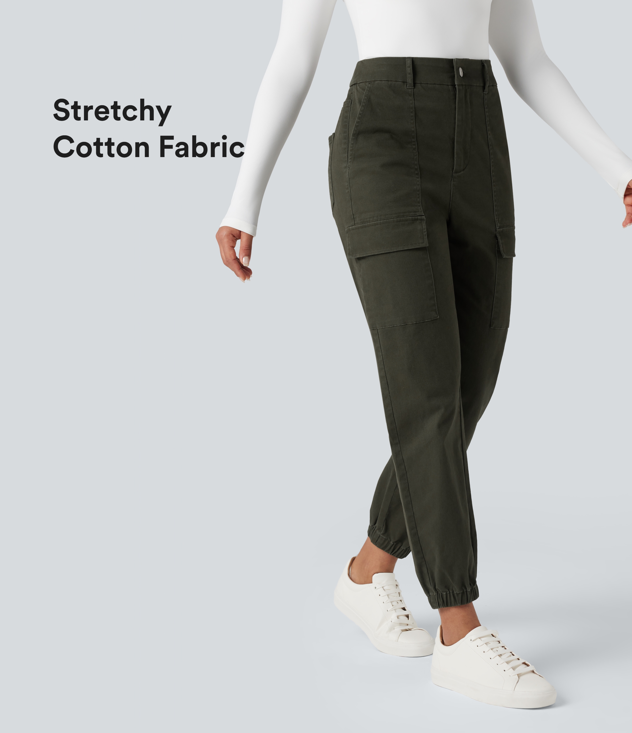 High-waisted Casual Chino Cotton Cargo Joggers with Pockets