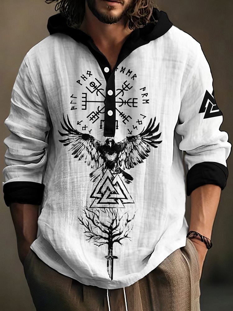 Retro Viking Bird Totem Art Men's Linen Hooded Shirt