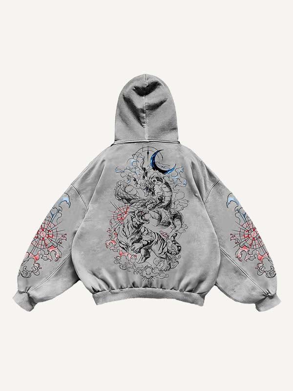 Dragon&Tiger&Phoenix&Moon&Graphic Print Slant Pockets Hoodie