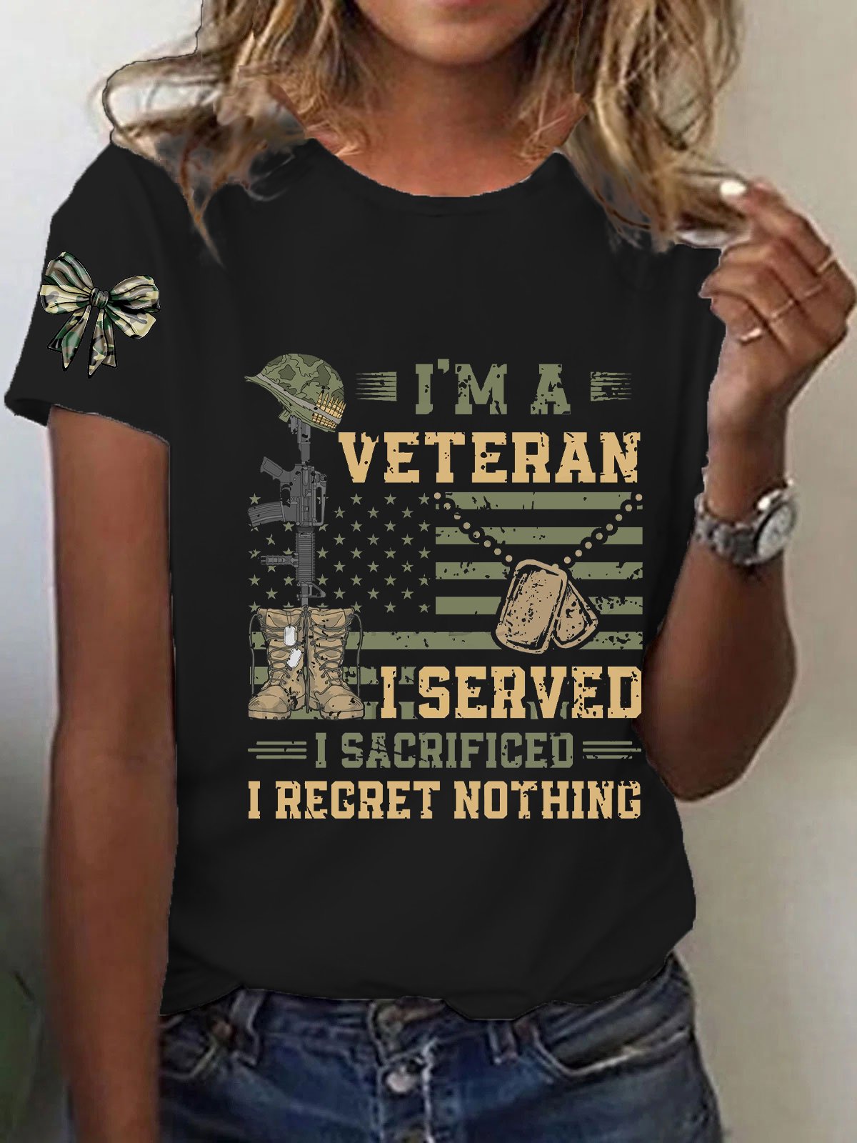 Women's Patriotic Veteran USA Flag Print T-Shirt