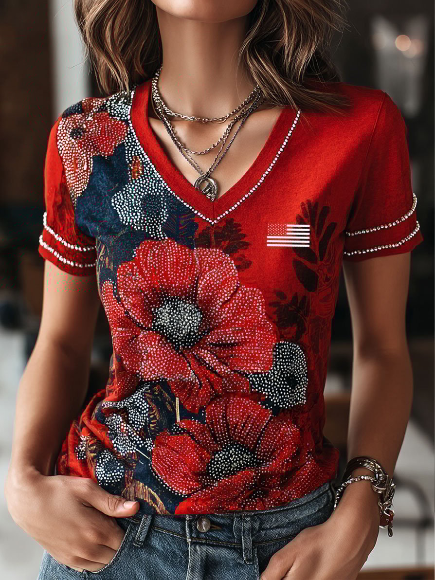 Women's Retro Poppy Red Friday Commemorative Short-Sleeve T-Shirt