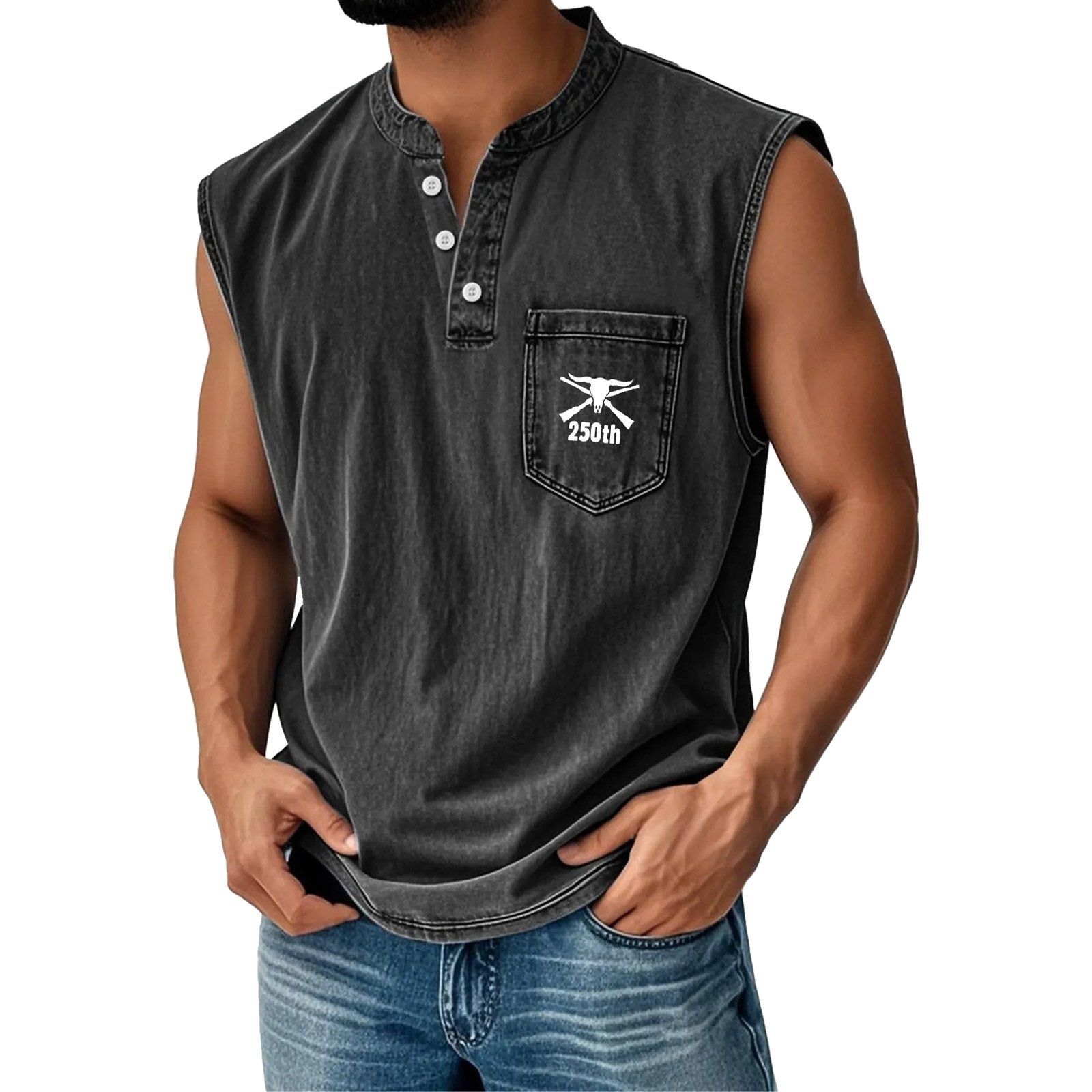 Men's Washed Cotton Sleeveless Henley Vest