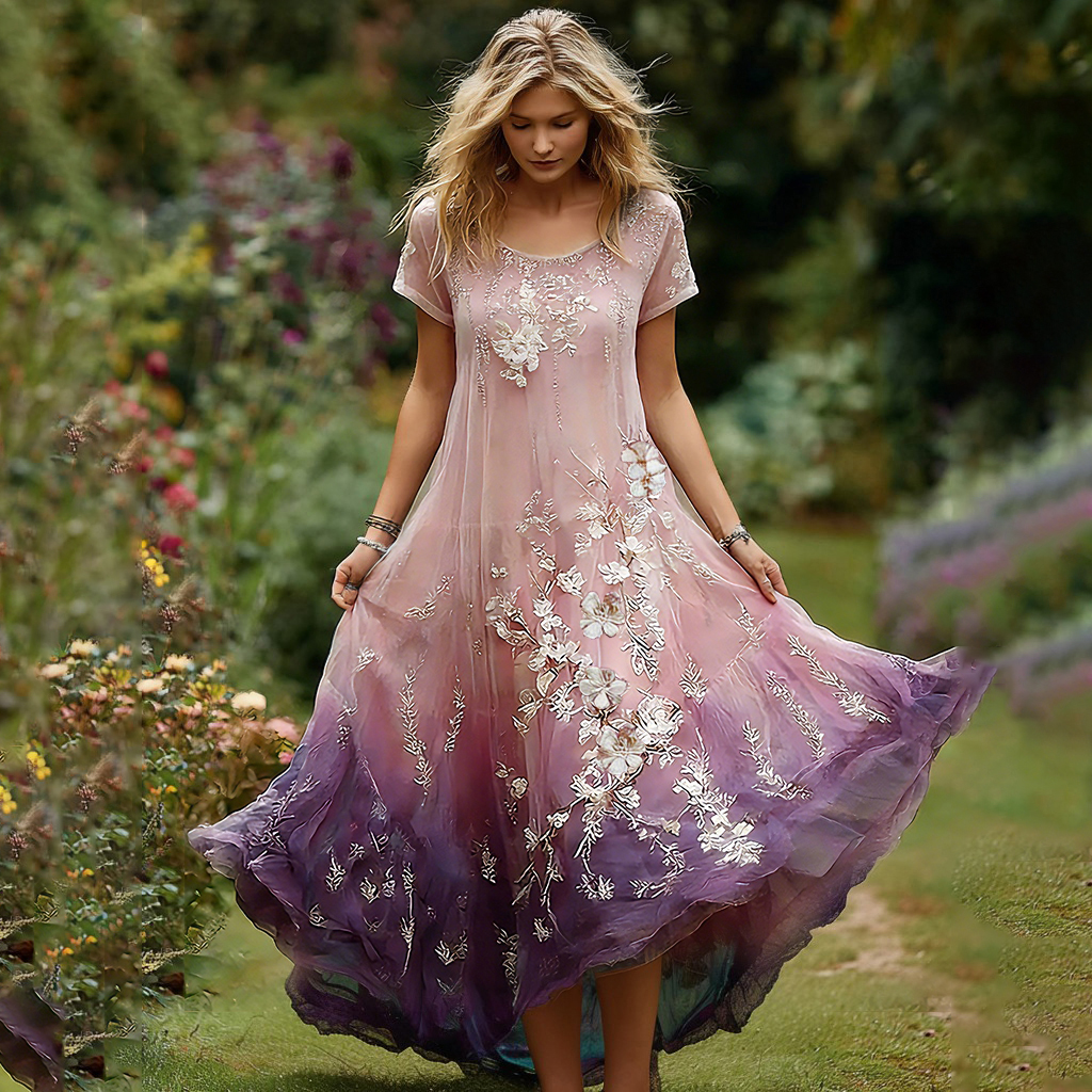 Women's Japanese Cherry Blossom Pattern Casual Linen Dress