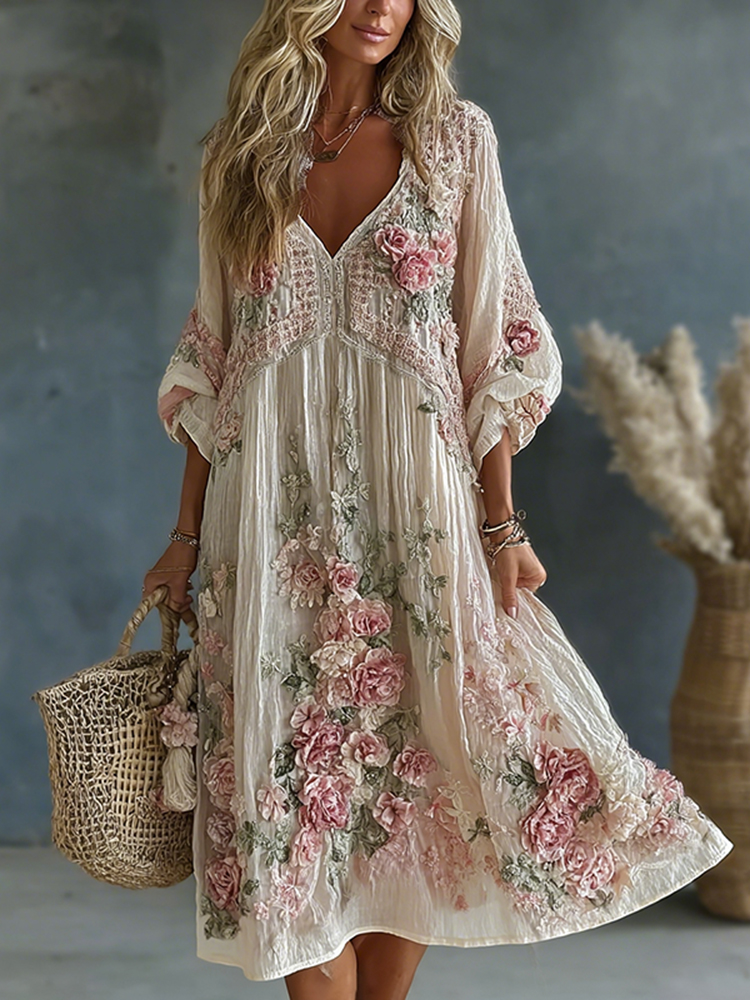 Women's Vintage Retro Floral Art Flowy Linen Blend Casual Long Sleeve Maxi Dress