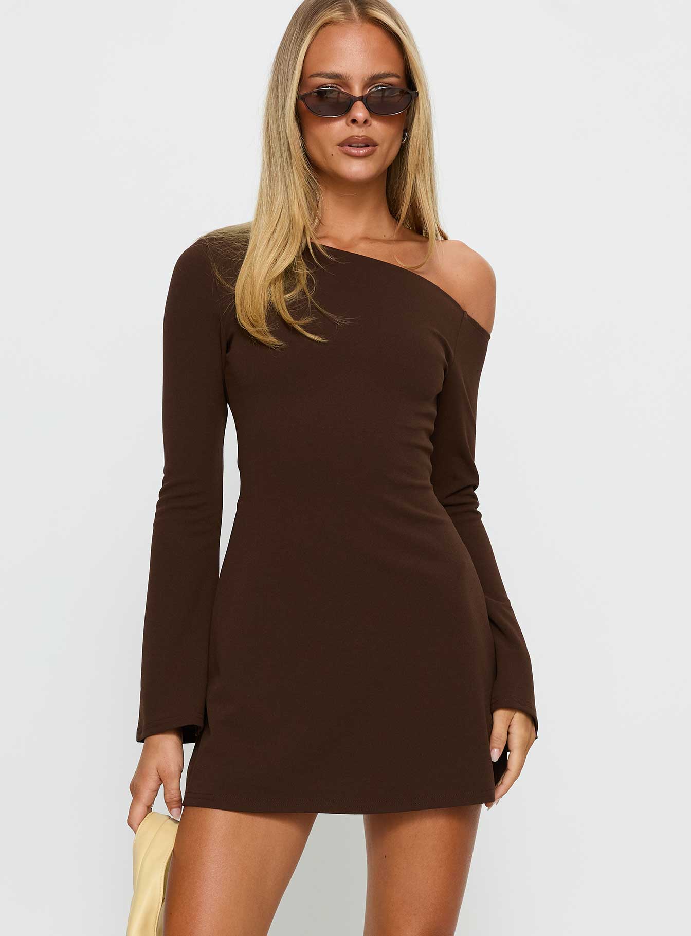 Adrietta Long Sleeve Off Shoulder Mini Dress Brown