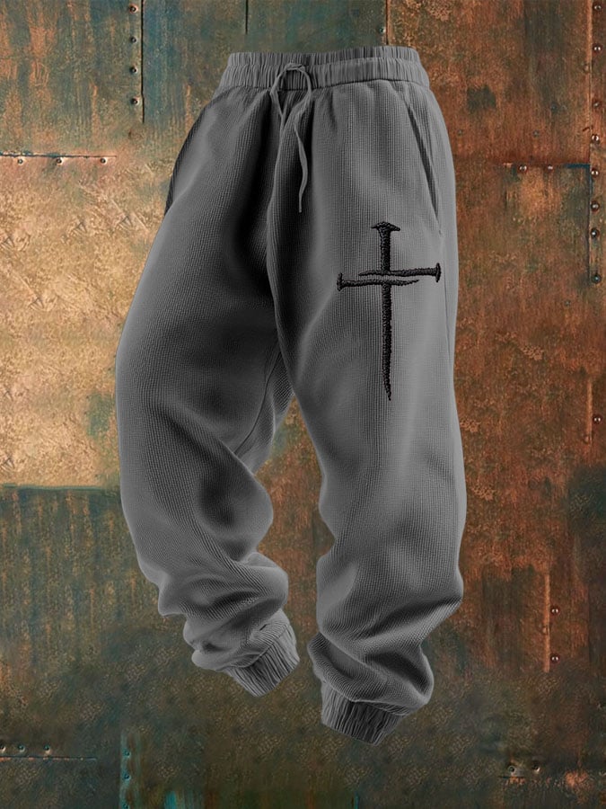 Men's Cross Print Textured Casual Loose Sweatpants