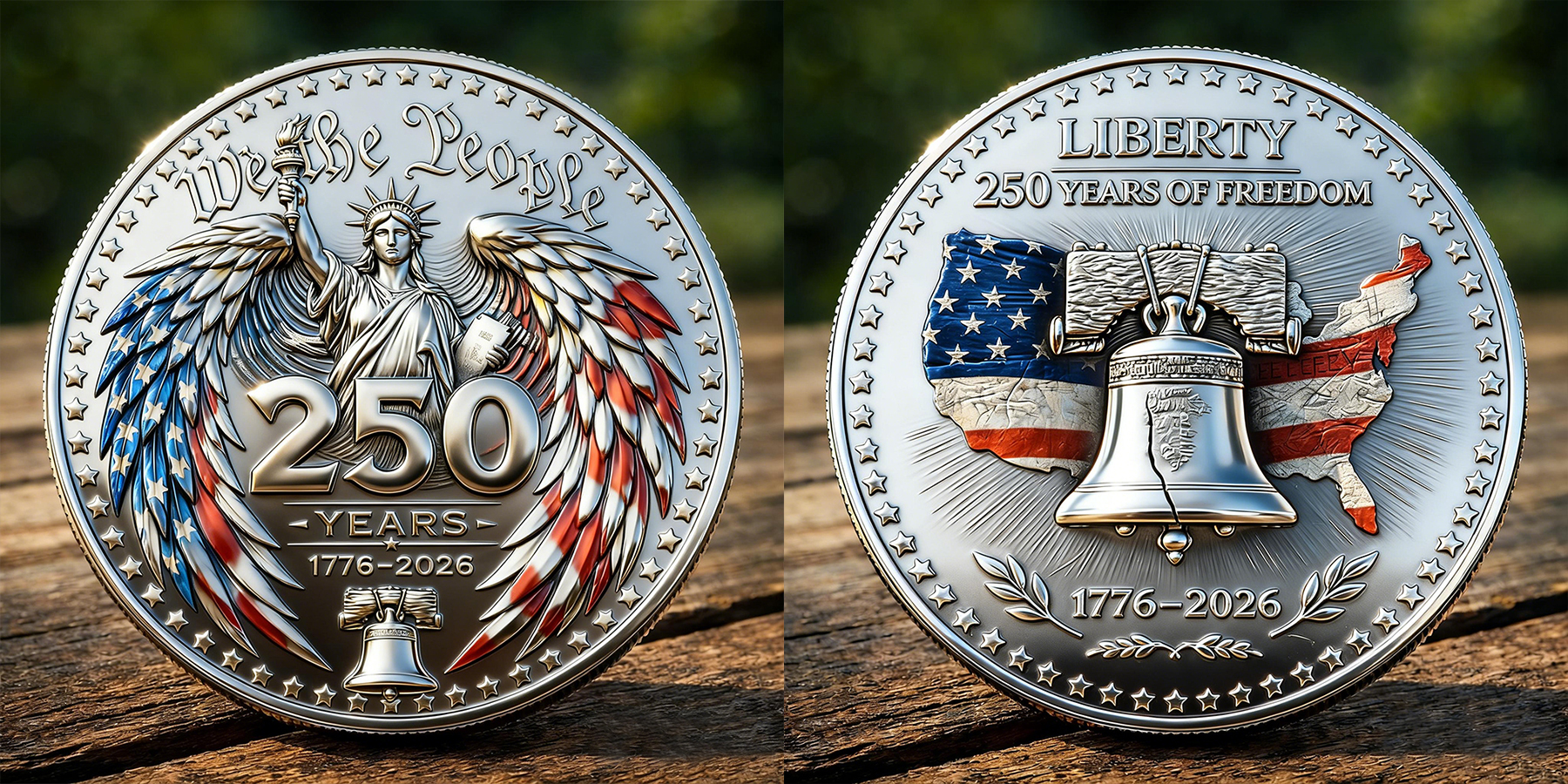 1776-2026 Liberty Bell & Statue of Liberty Patriotic Challenge Coin