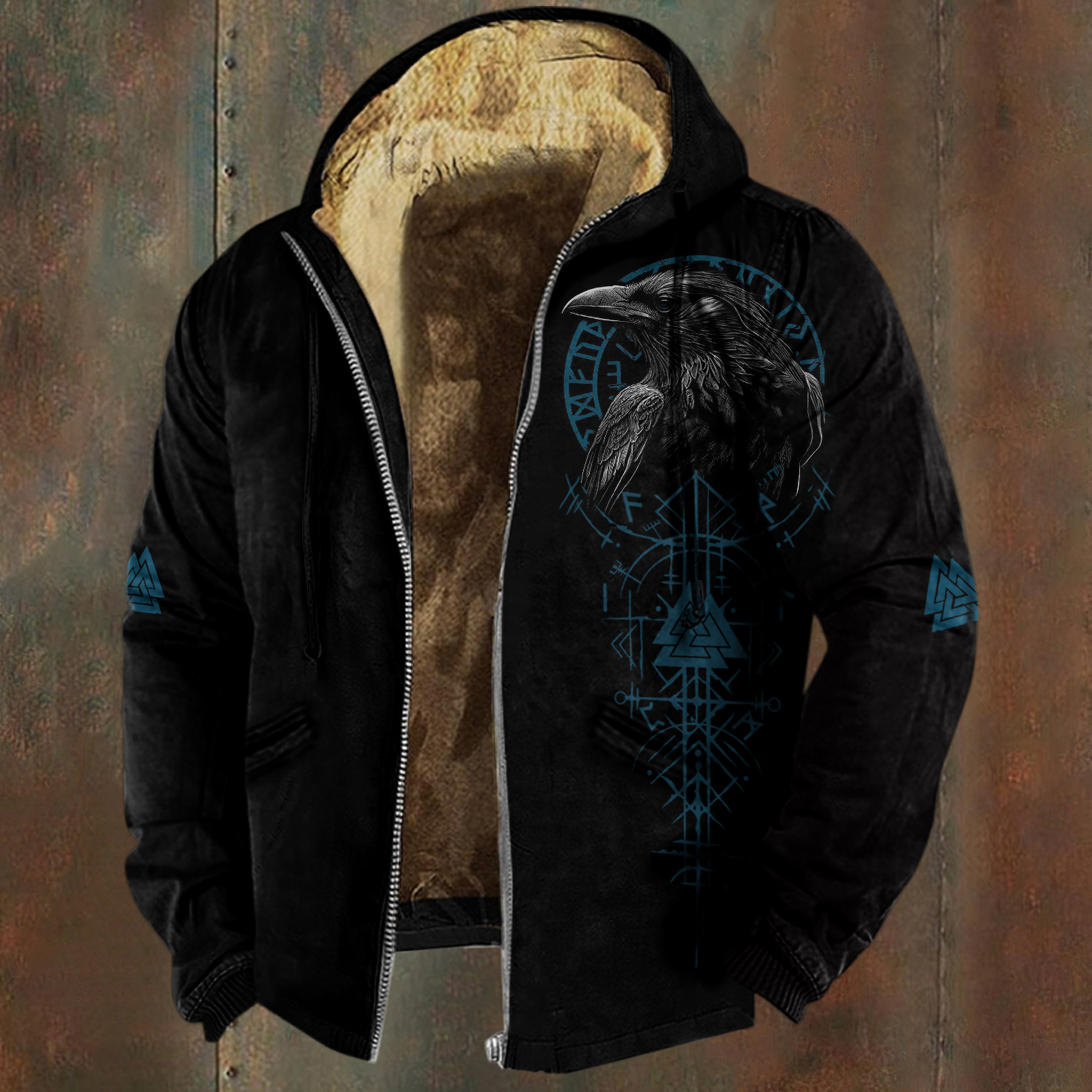 Men's Viking Crow Runes Pattern Zipper Jacket