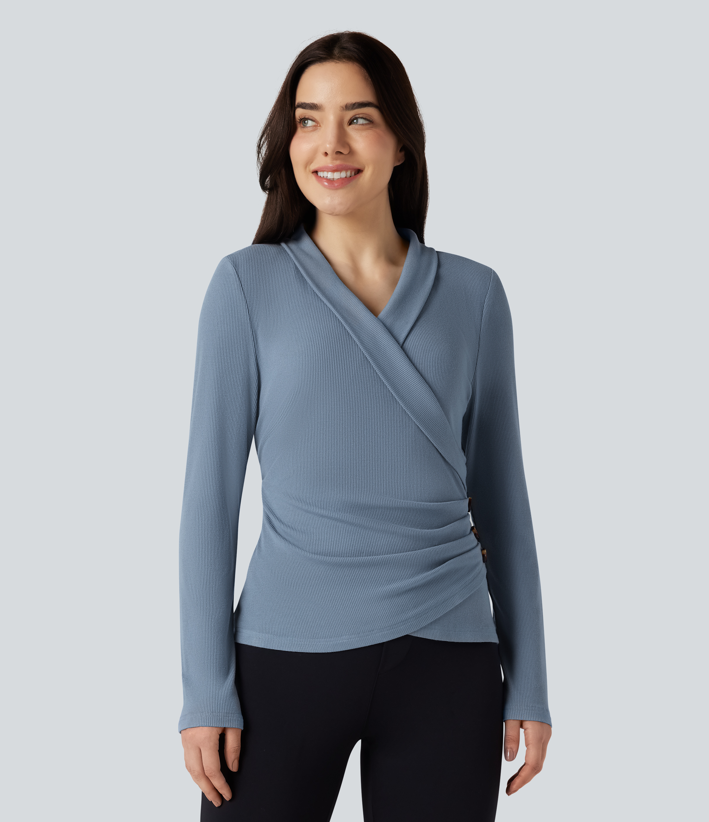 Ribbed Knit V-neck Crossover Long Sleeve Work Top