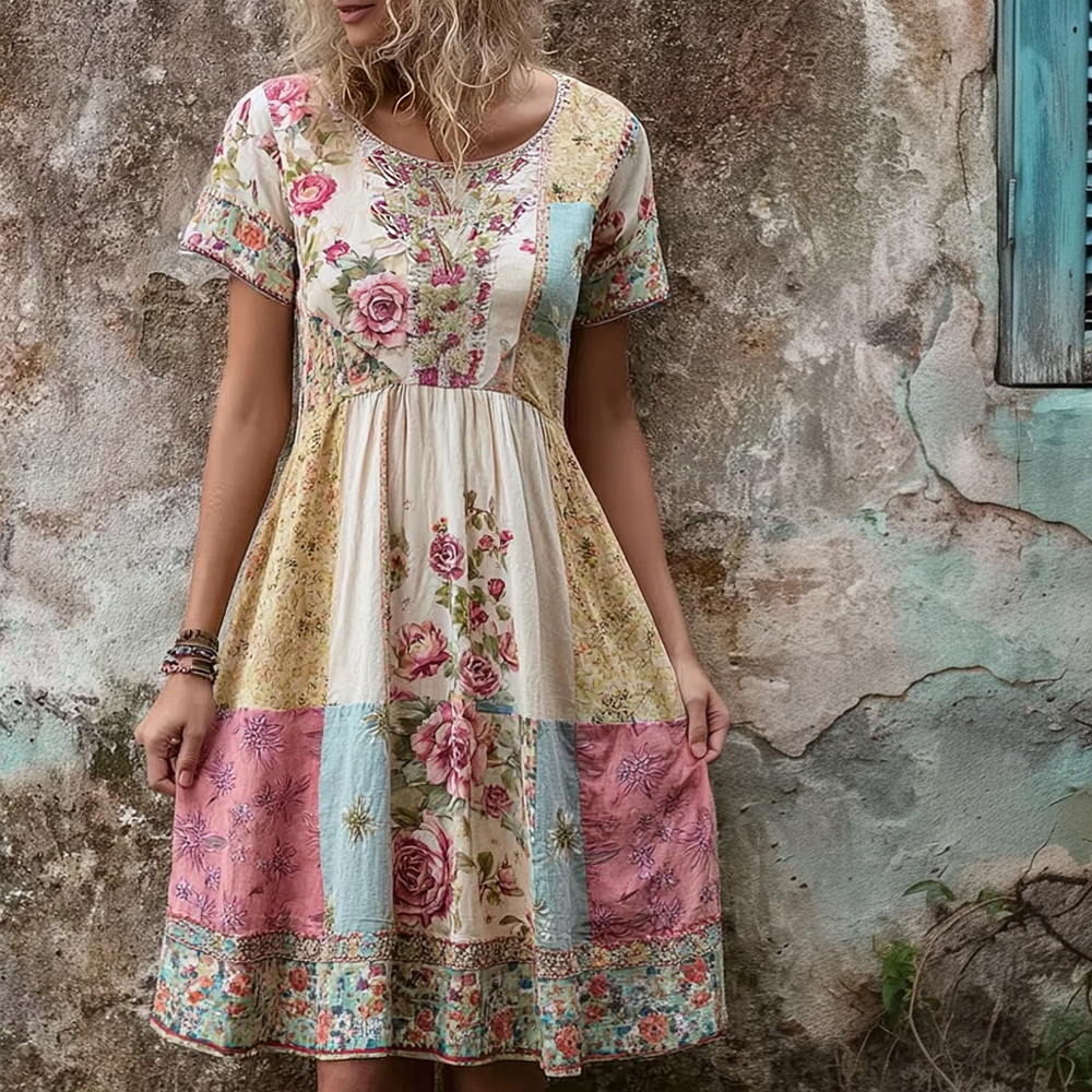 Vintage Boho Floral Patchwork Comfy Linen Midi Dress