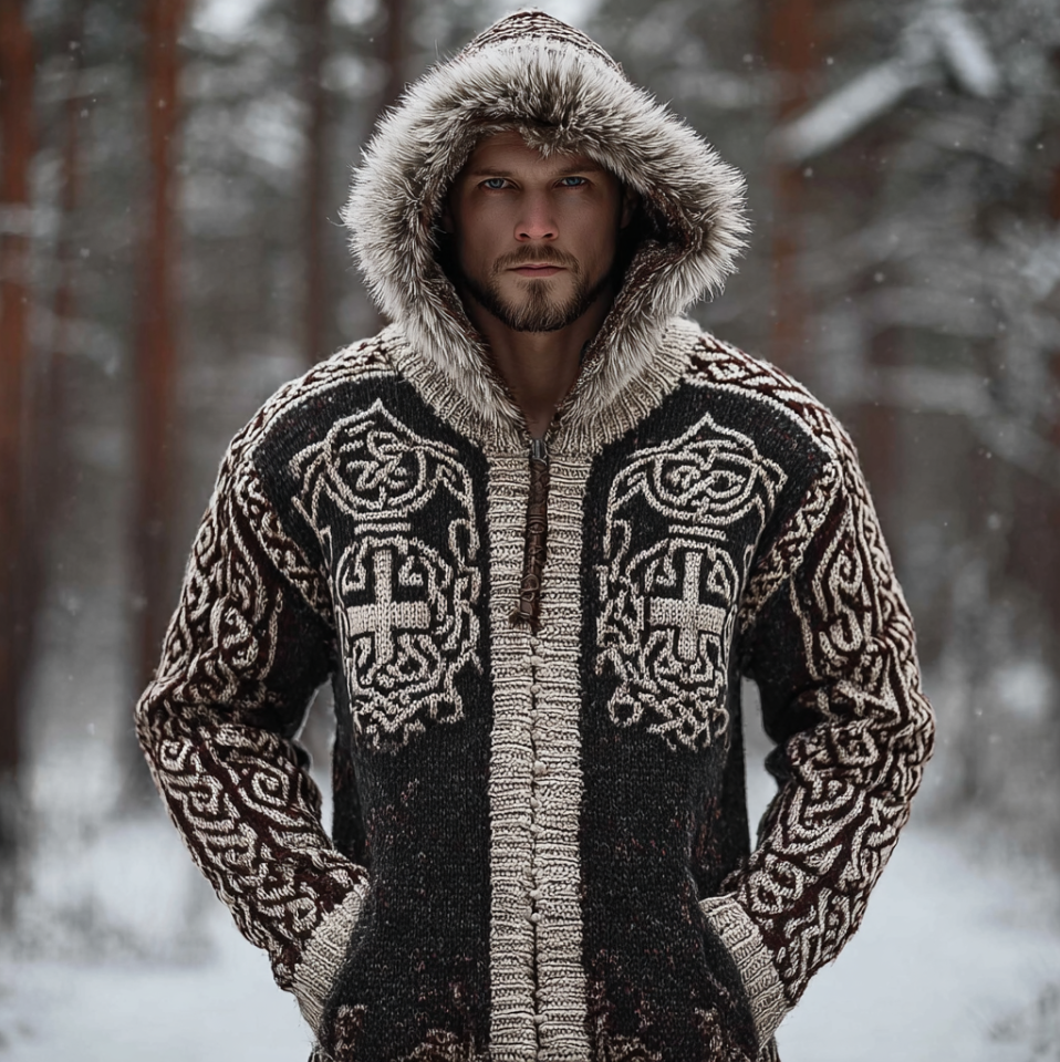 Viking Retro Men's Hooded Knit Sweater Jacket