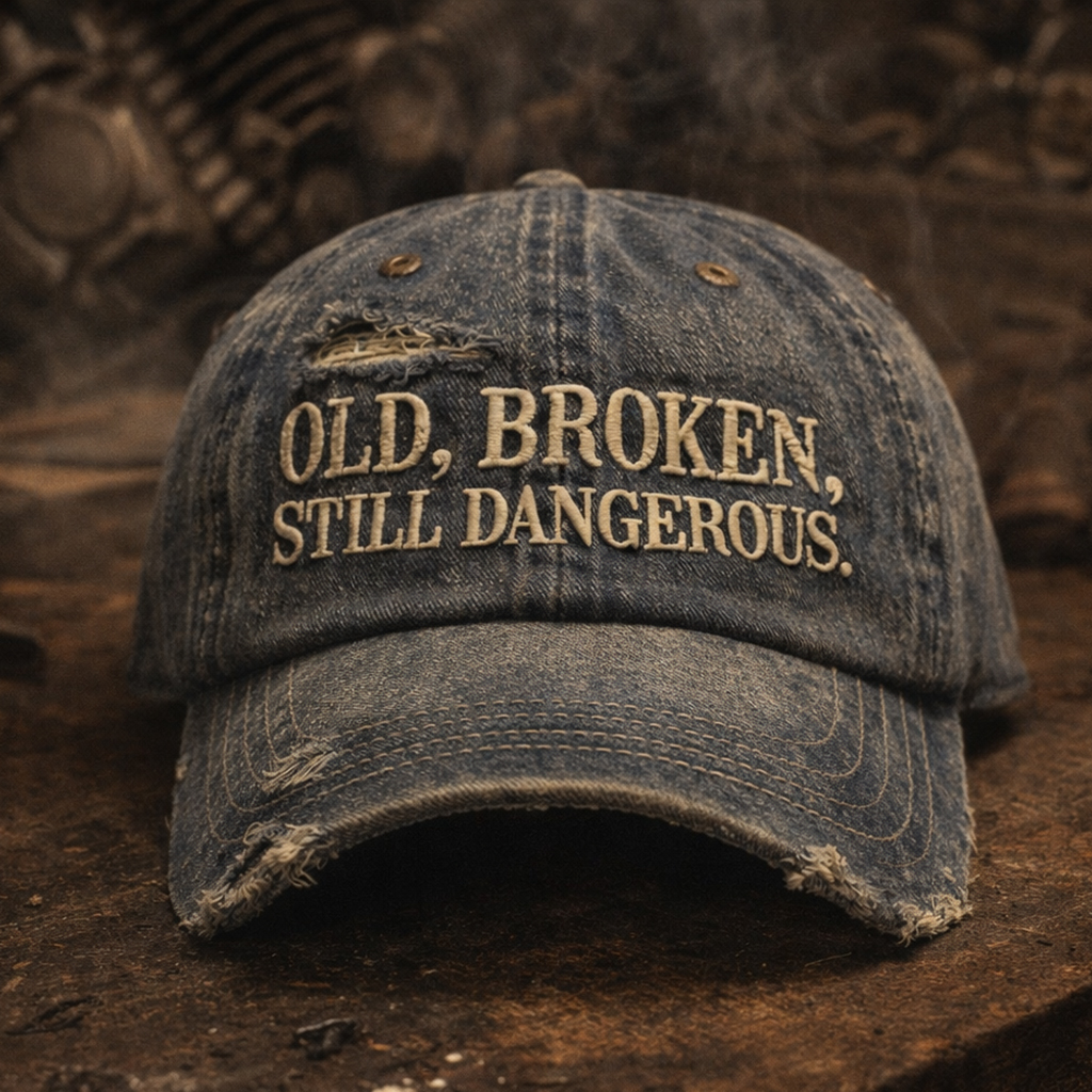 Vintage Distressed Denim Baseball Cap – “Old, Broken, Still Dangerous” Embroidered Washed Cotton Dad Hat, Retro Street Style Adjustable Hat