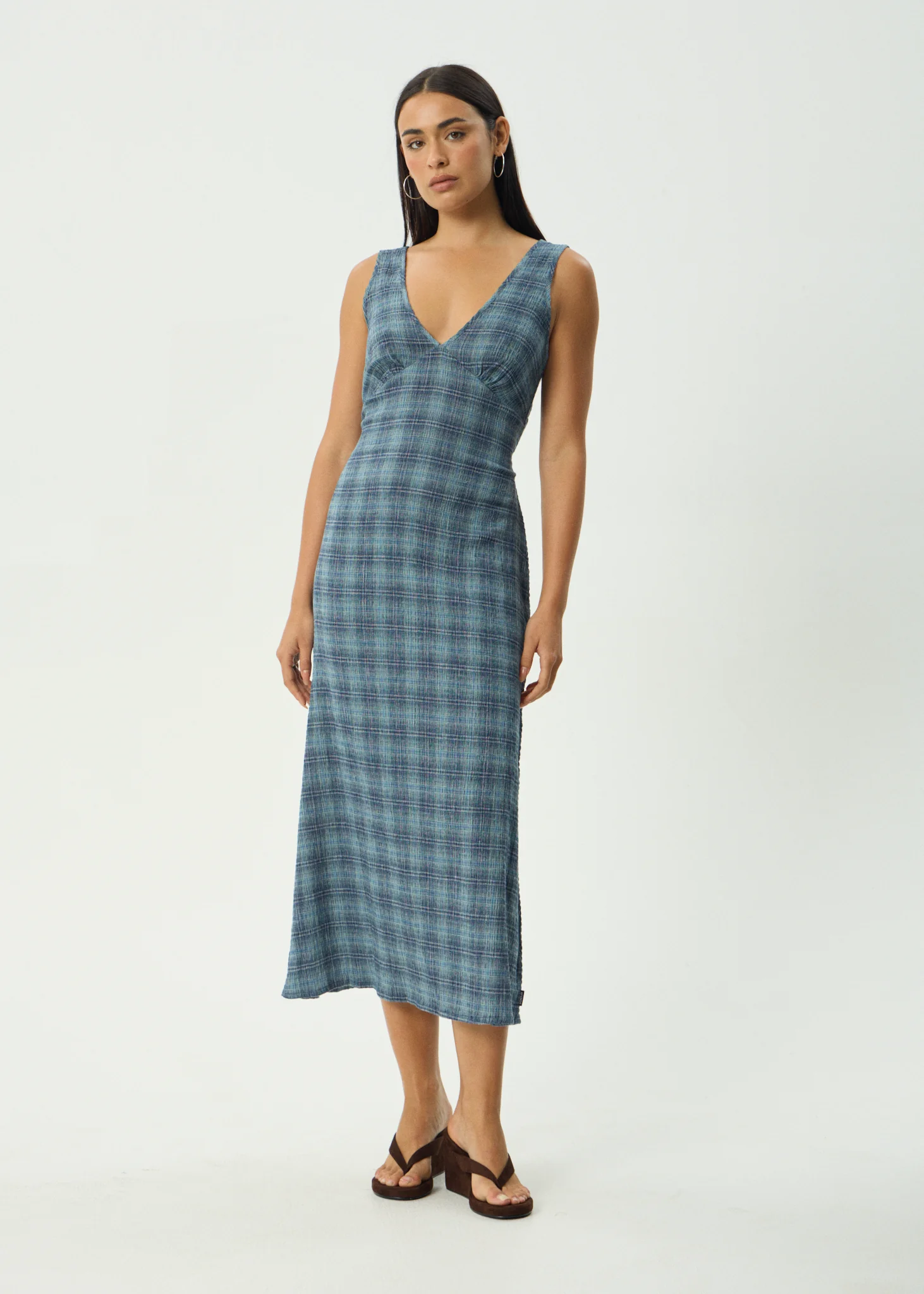AFENDS Womens Position Tully - Seersucker Check Maxi Dress - Navy Check