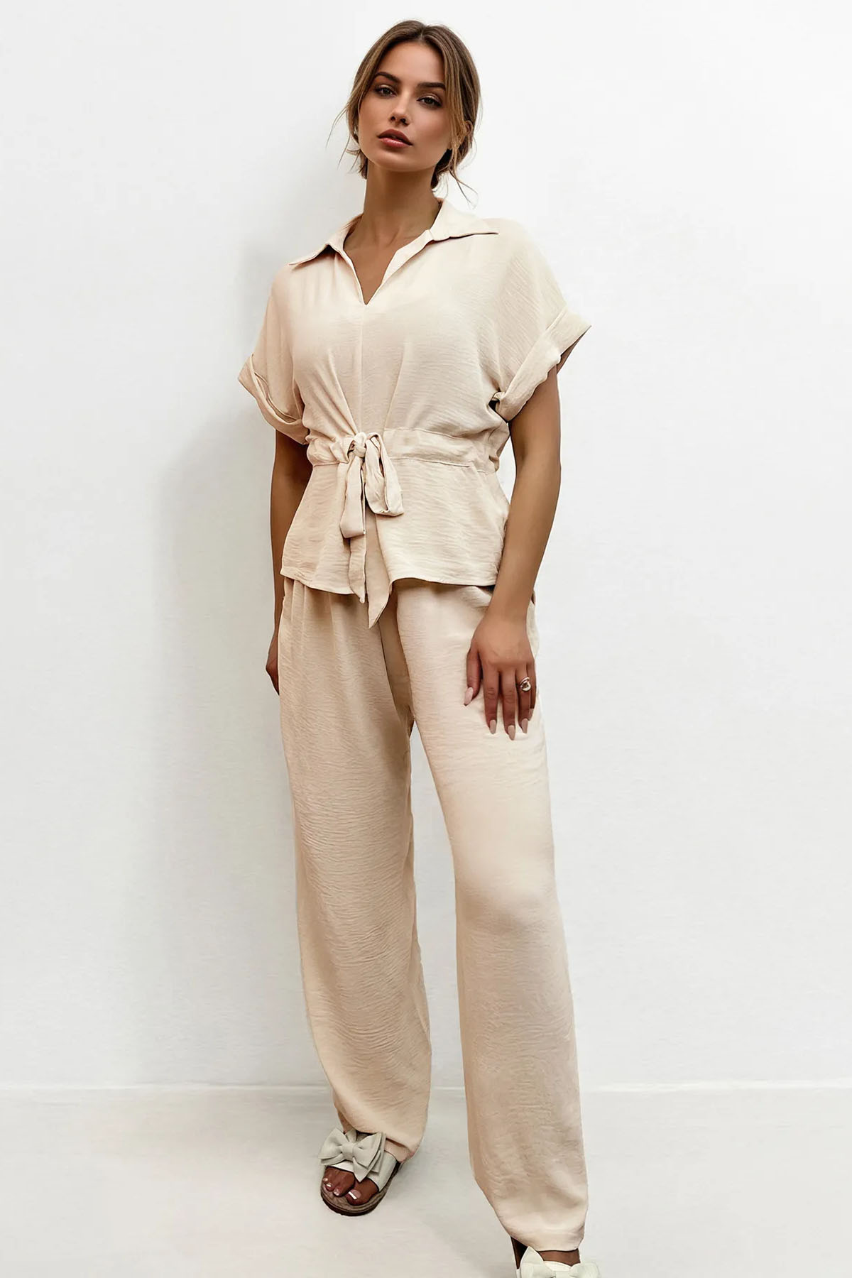 Versatile Collared Rolled-Up Short Sleeve Top & Wide Leg Trousers Co-ord